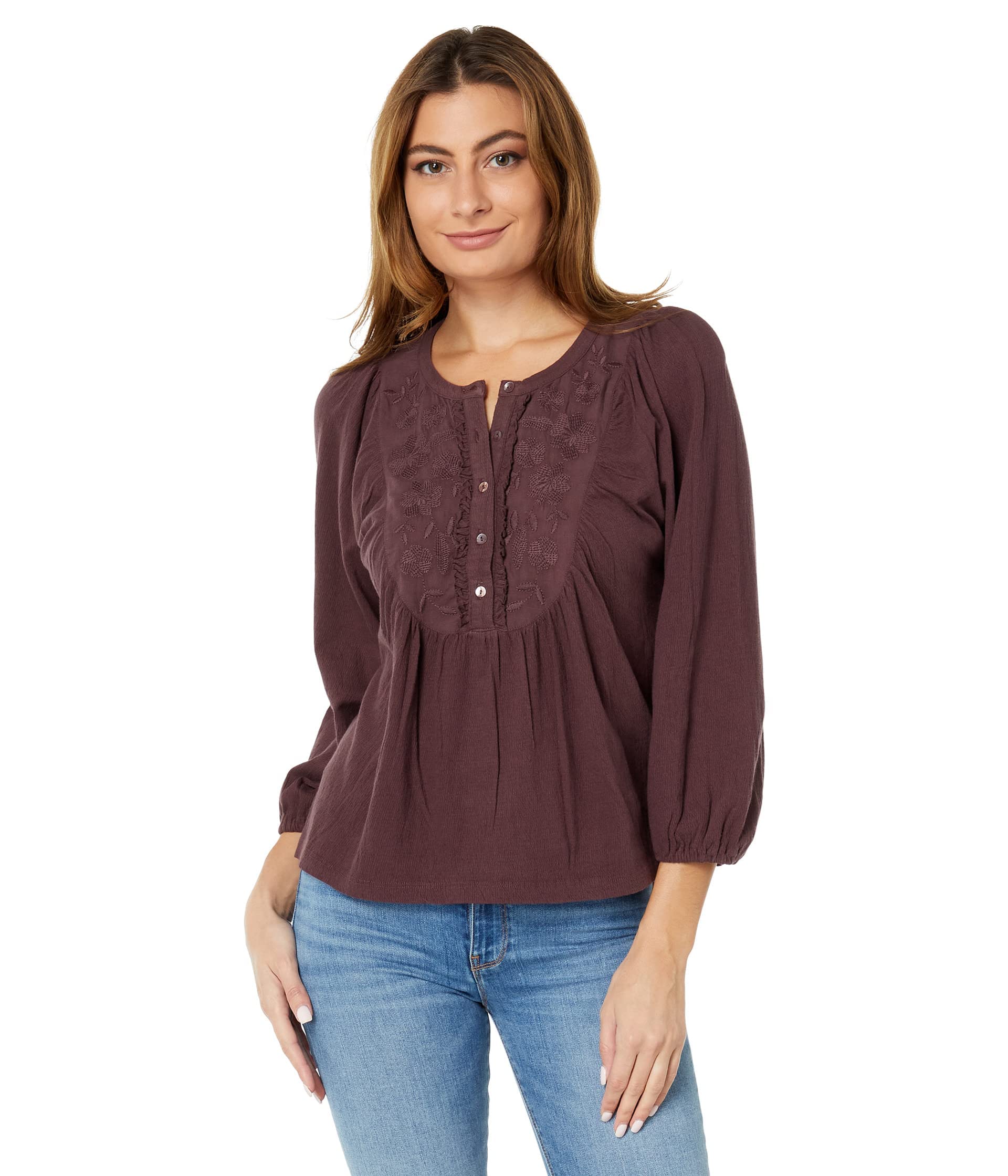 Lucky BrandWomen's Long Sleeve Embroidered Yoke Top