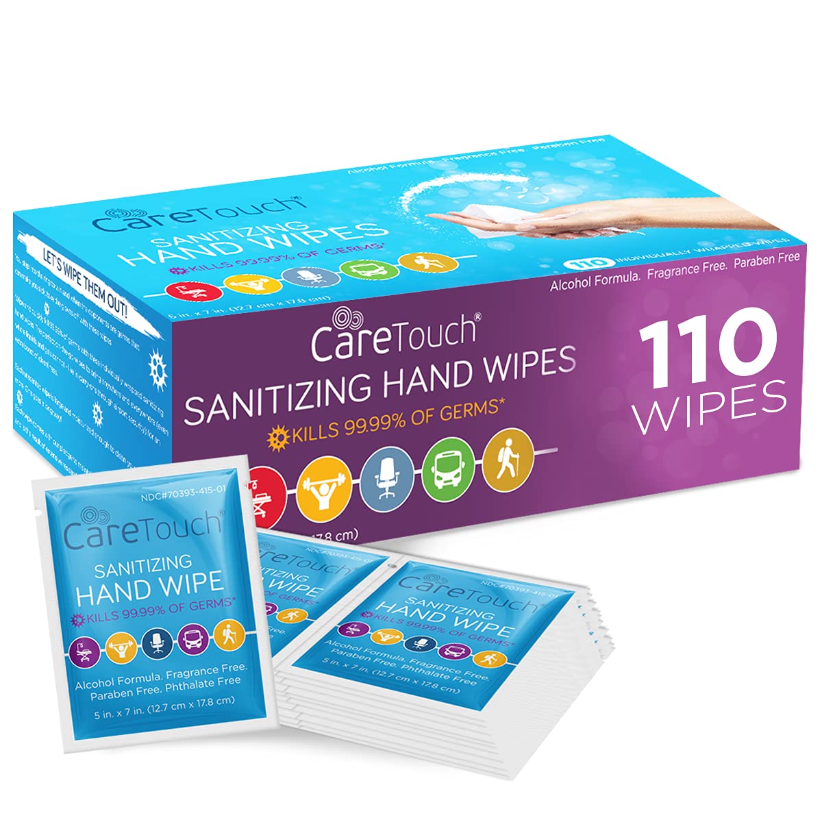 Care Touch Hand Sanitizer Wipes | 110 Hand Wipes Individually Wrapped | Travel Size, Sanitizing Wet Wipes for Home, Office and Outdoor Use