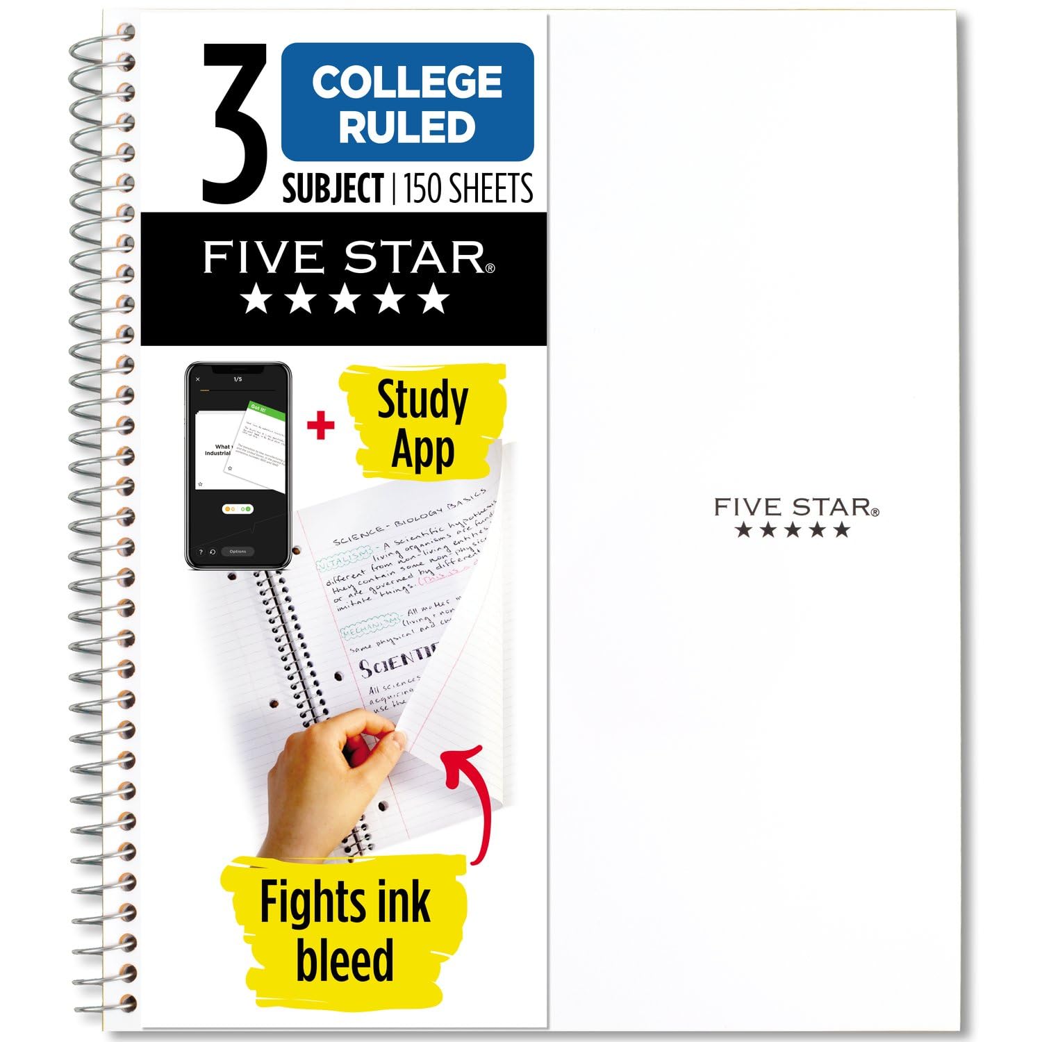 Five Star Spiral Notebook + Study App, 3 Subject, College Ruled Paper, Fights Ink Bleed, Water Resistant Cover, 8-1/2" x 11", 150 Sheets, White (72464)