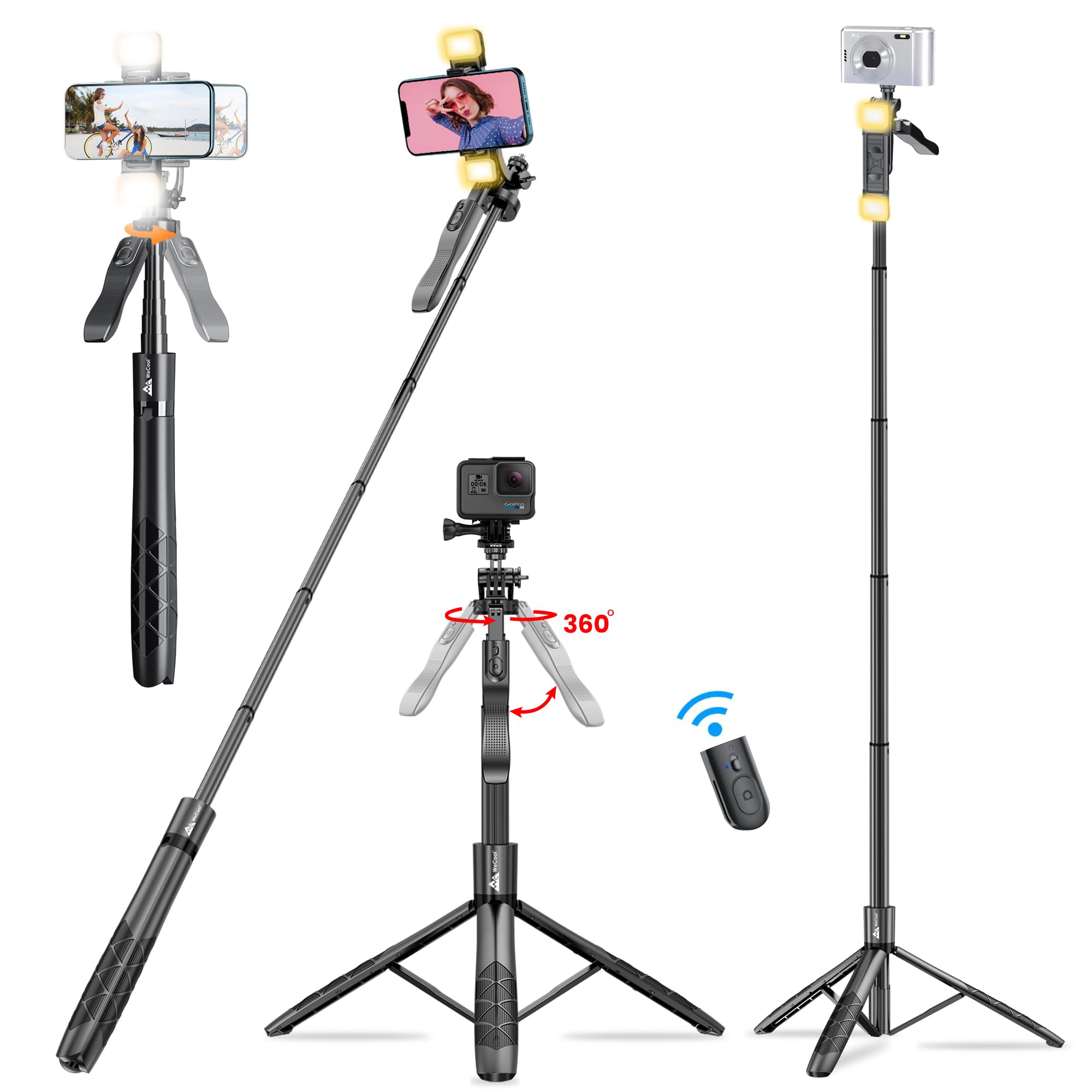 WeCool S5L 61inc/154cm Long Selfie Stick with Tripod Stand, 360° Rotating Handle, 6section Telescopic Pole, Selfie Stick with Dual Fill Lights for Night Photoshoots. Compatible with All Mobile