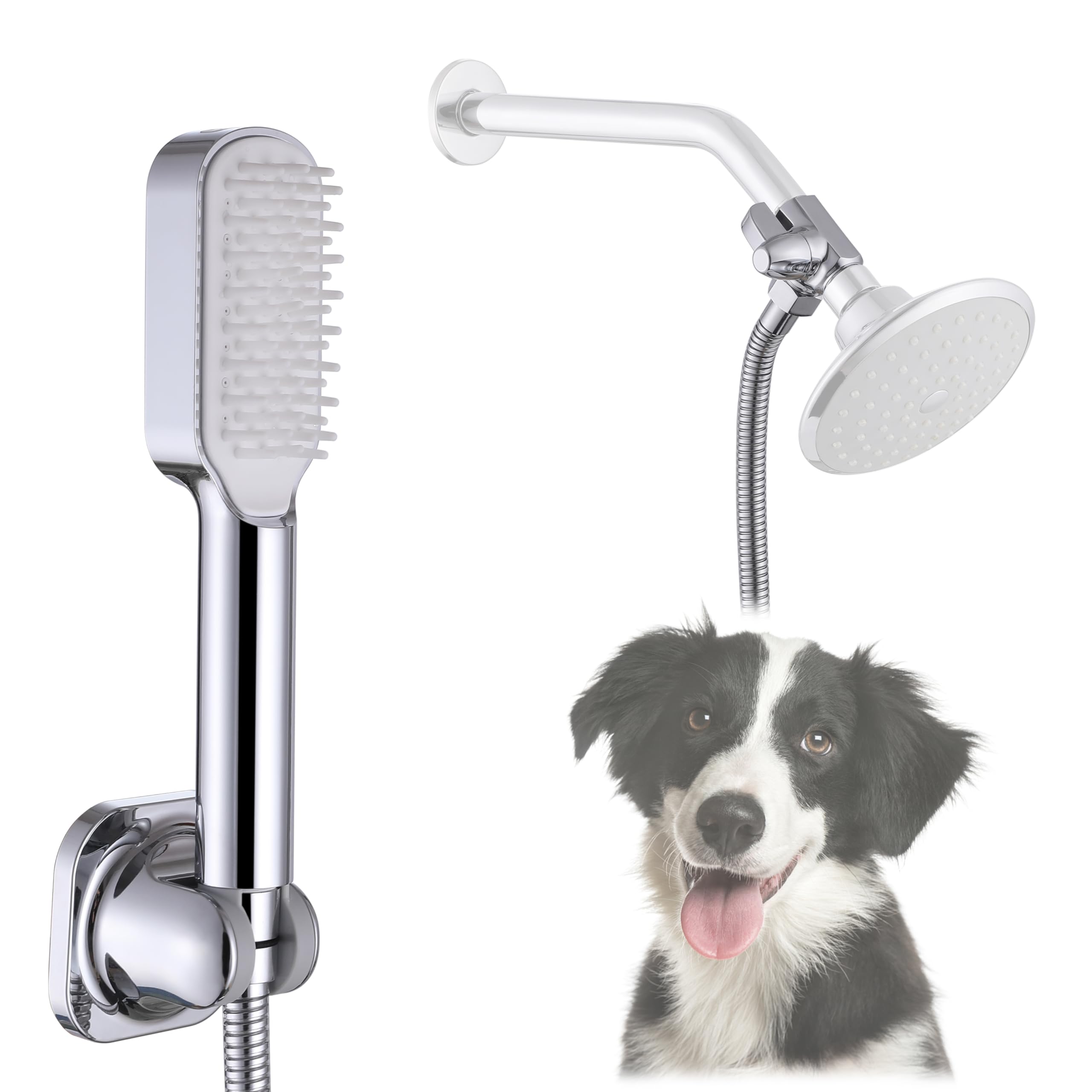 [Upgrade] Dog Shower Brush Set-Dog Shower Sprayer Attachment Kit-Pet Grooming and Dog Washing Tools with Extra-Long Hose-Pet Bathing and Cleaning with Shower Arm Diverter and Hand Held Dog Shower Head