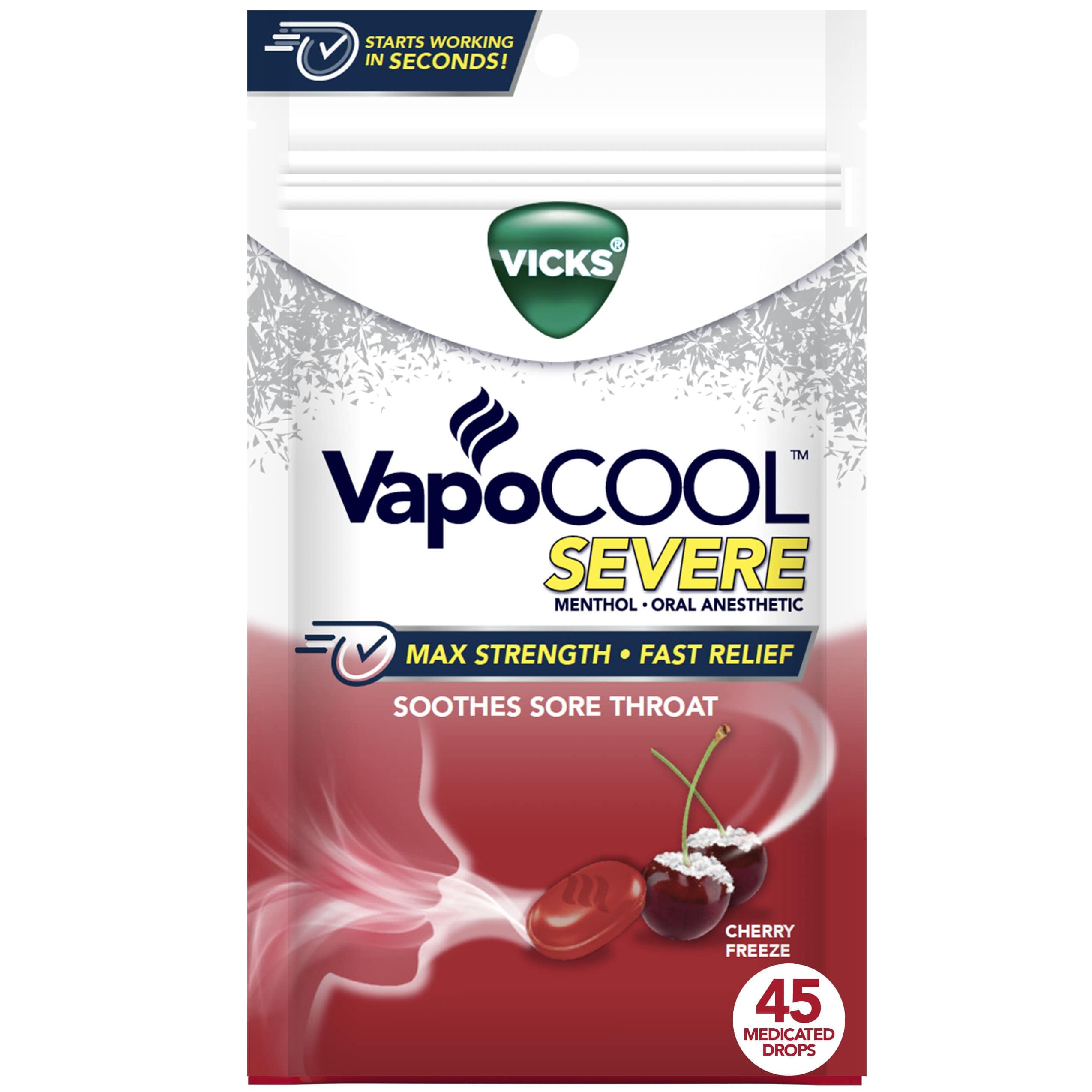 Vicks VapoCool Severe Medicated Sore Throat Drops, Max Strength Menthol, Soothes Sore Throat Pain, Cherry Flavor, 45ct