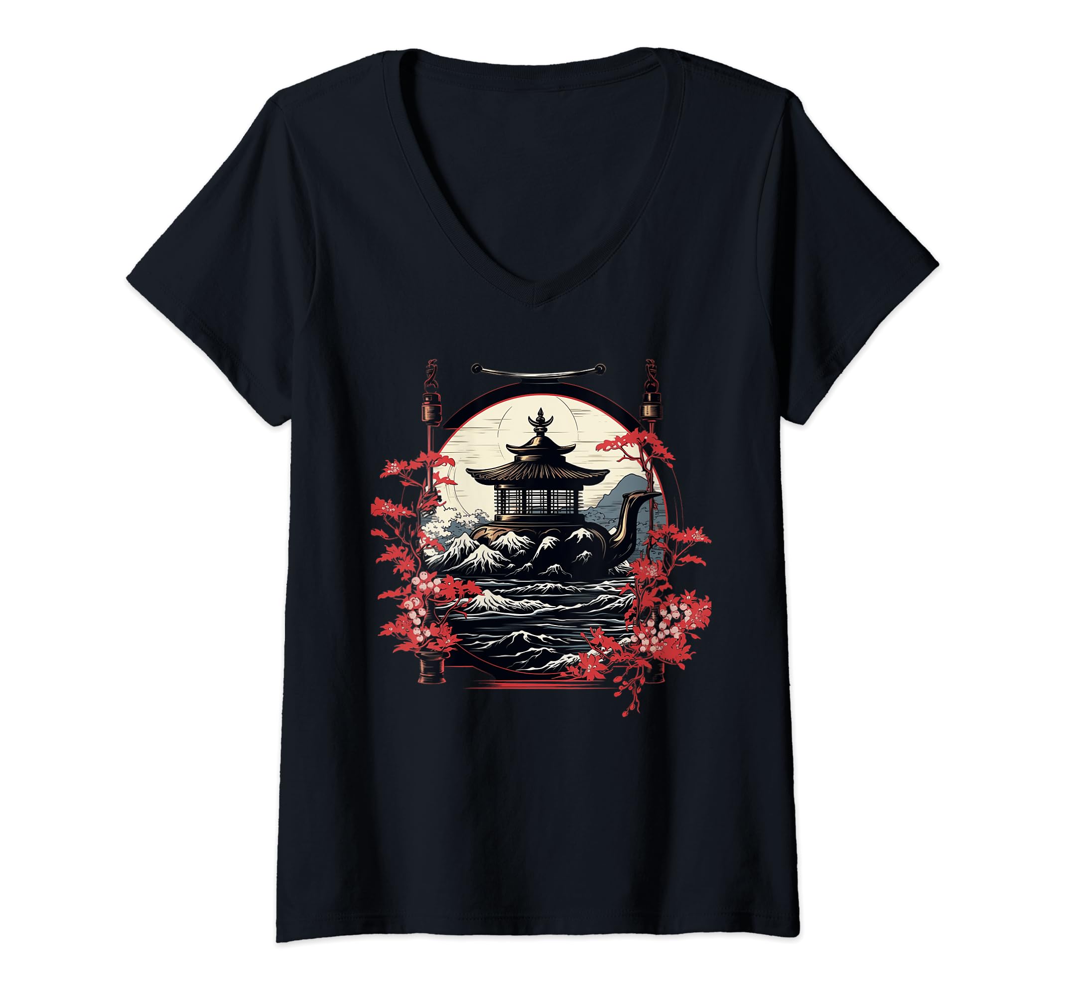 Womens Nambu Tekki Iron Kettles Japanese Art Gifts Funny Graphic V-Neck T-Shirt