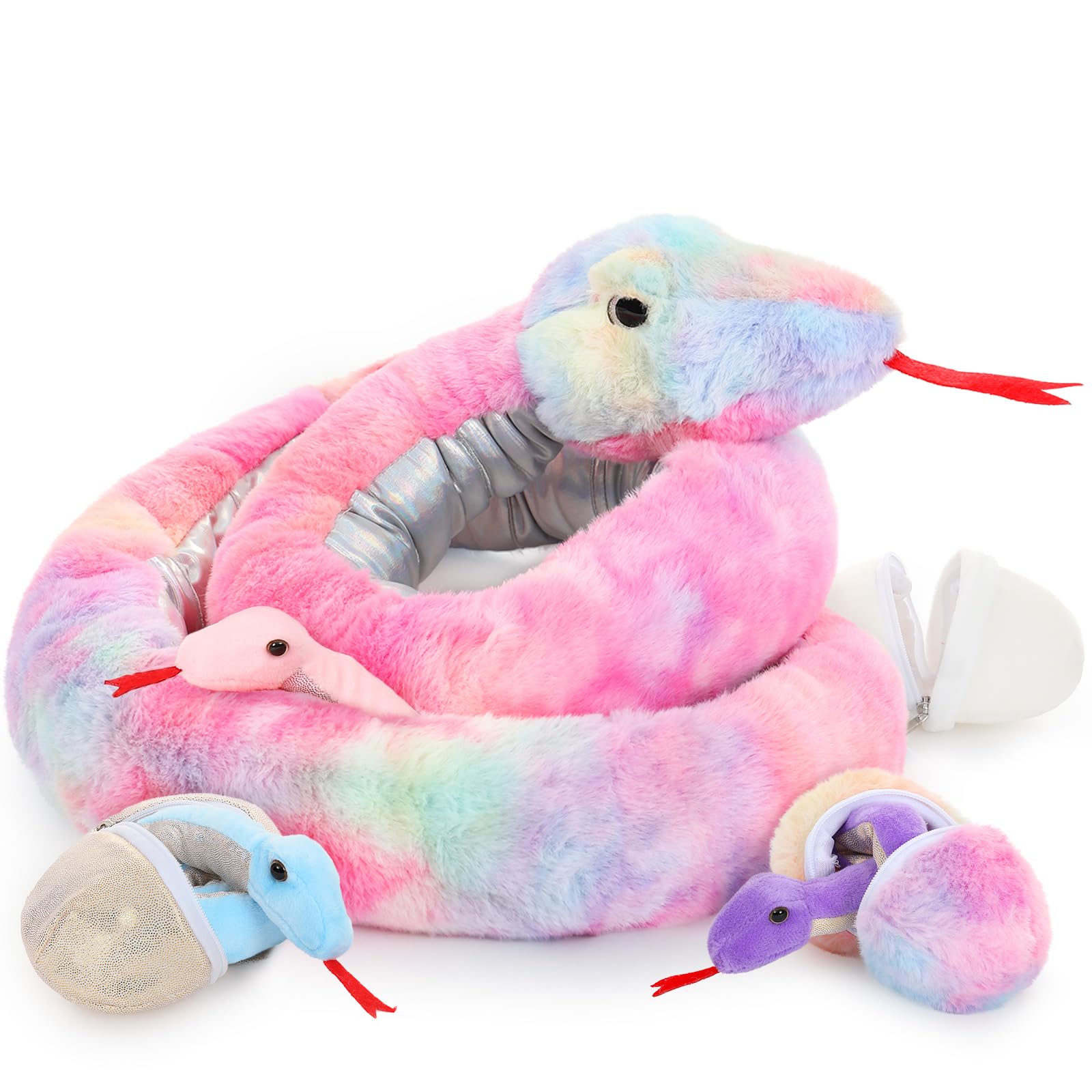 MaoGoLanGiant Snake Stuffed Animal, Realistic Large Mommy with 3 Babies & 3 Eggs Snakes Plush Toy, 79'' Long Rainbow Boa Constrictor Gift for Boys Girls Kids