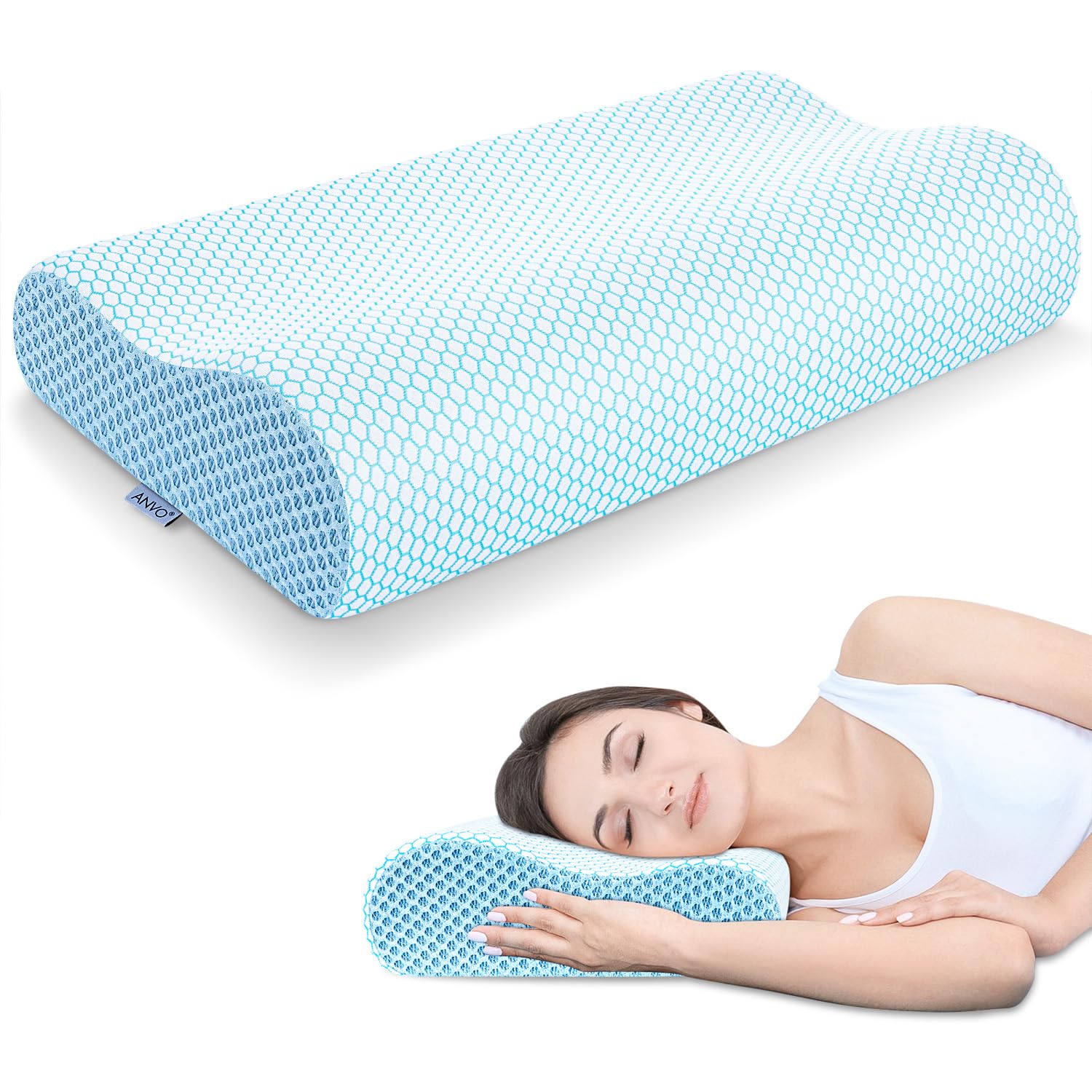 Anvo Memory Foam Pillow, Neck Contour Cervical Orthopedic Pillow for Sleeping Side Back Stomach Sleeper, Ergonomic Bed Pillow for Neck Pain - Blue White, Firm