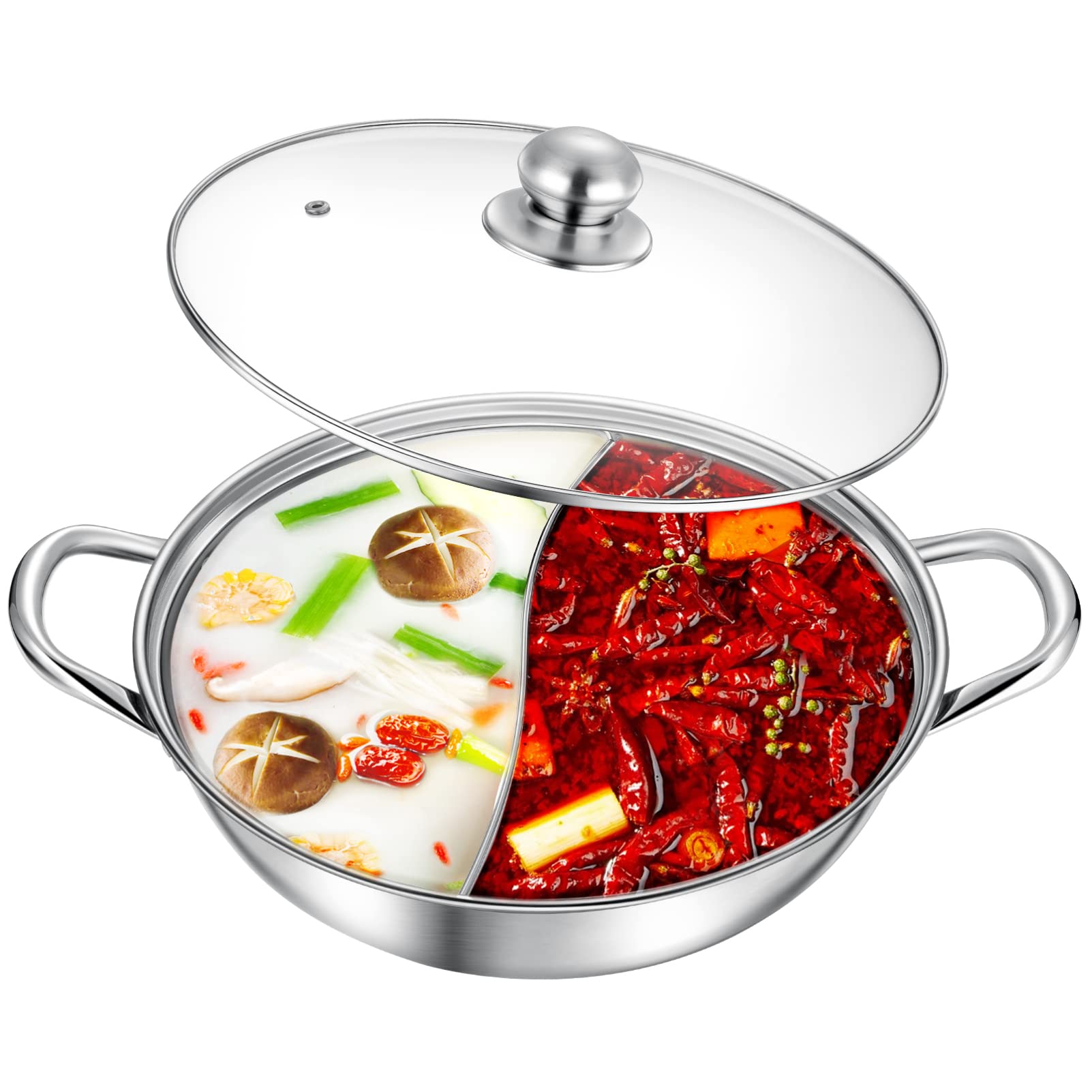 Inllex Stainless Steel Shabu Shabu Hot Pot with Divider for Induction Cooktop Gas Stove (30cm, with Cover) Partition Pot, Cooking Pot,Big Soup Pot,Two-Flavor Design S Grid Mandarin Duck Pot