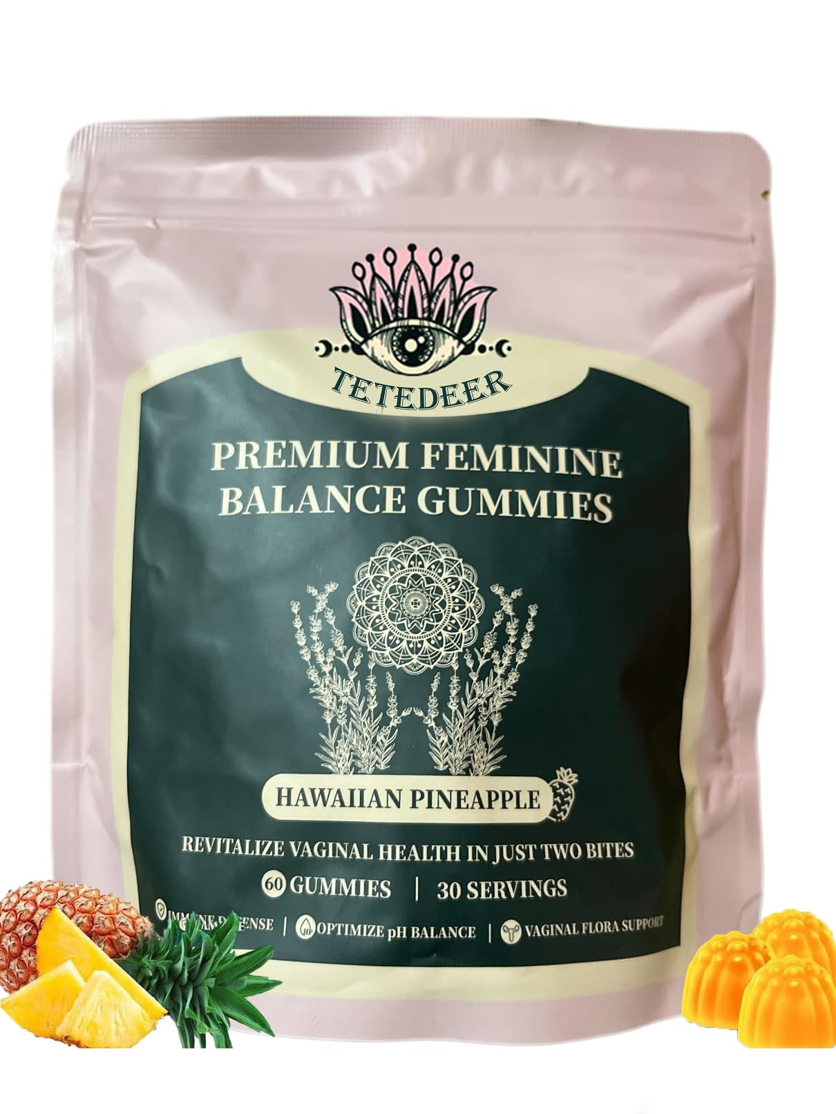 Vital Organic Natural Sourcing Premium Feminine PH Balance Gummies for Women's Health, Immune Support, Hawaiian Pineapple Flavor Gluten-Free, Vegan -60 Count,30 Day Service