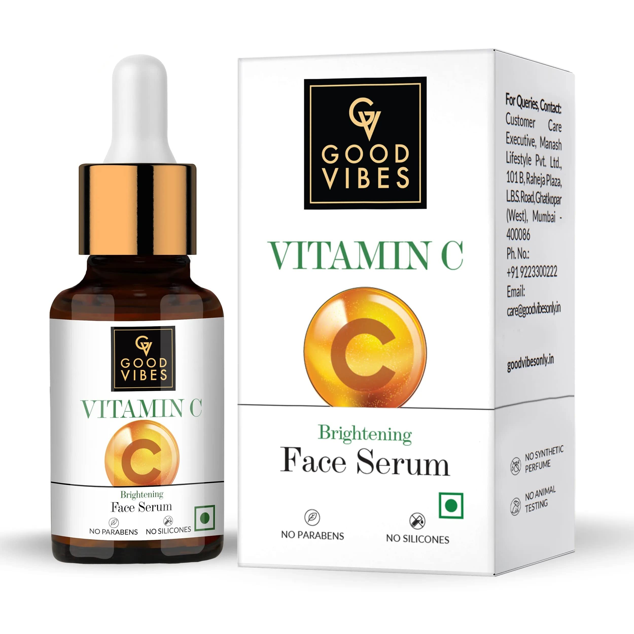 Good Vibes Brightening Vitamin C Face Serum For Glowing Skin, 10 ml Light Weight Absorbs Quickly Moisturizing Serum For All Skin Types