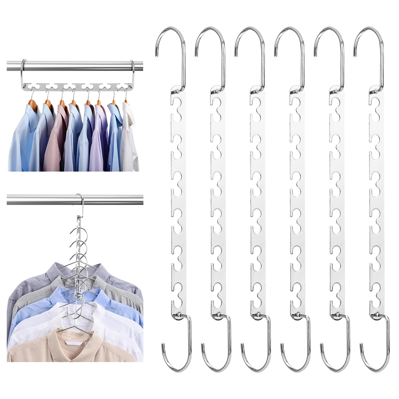 6 PCS 26CM Space Saving Hangers, Metal Hangers for Clothes Space Savers, Multi Hangers Saving Space, Wardrobe Space Saver Hangers for up to 12 pieces of clothing