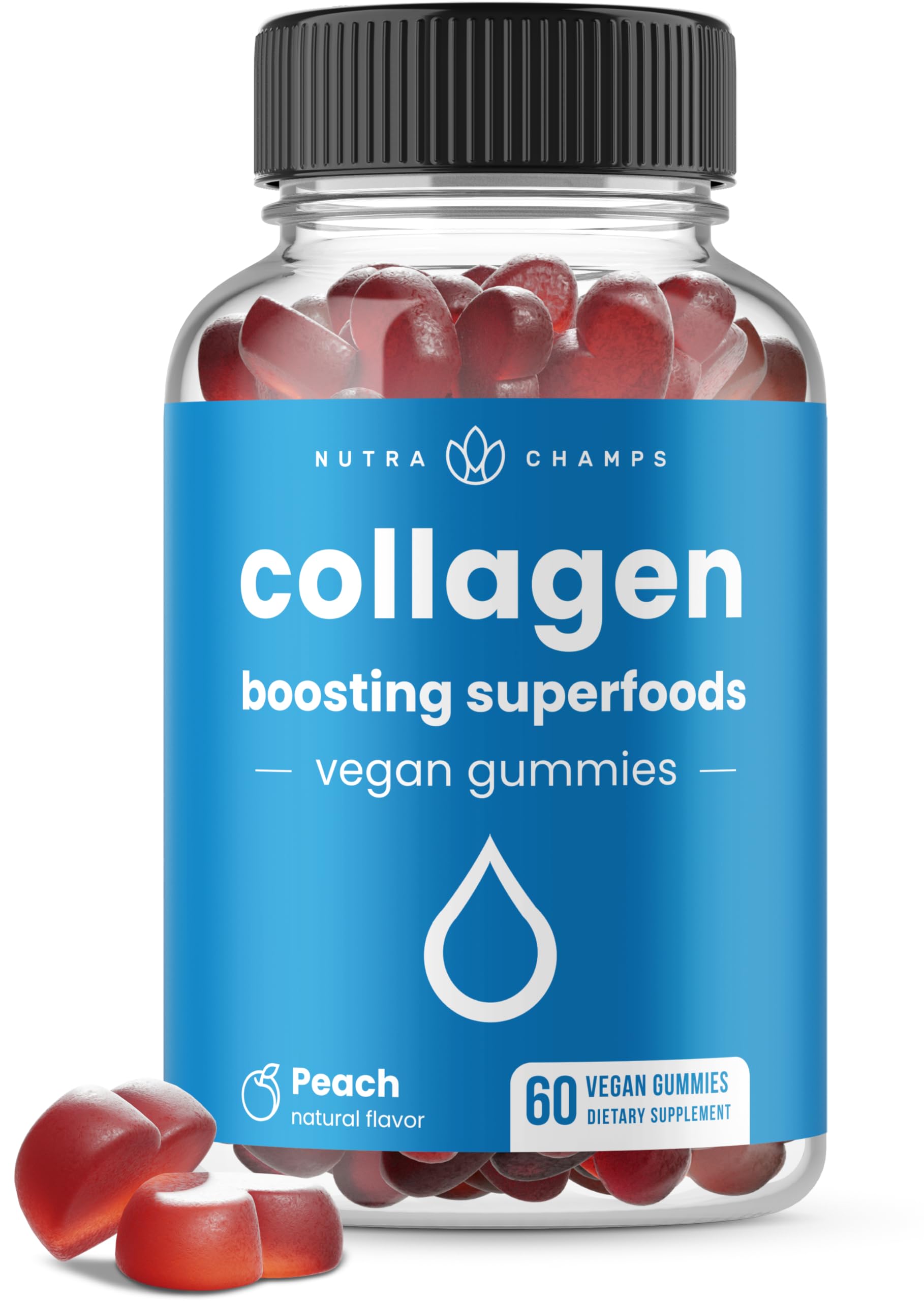 Collagen Boosting Gummies | Collagen Booster Gummy for Natural Collagen Production | Hair, Skin, Nails, Joint Support | Vegan Pectin Supplements Chews for Women & Men | 60 Peach Vitamins Gummies