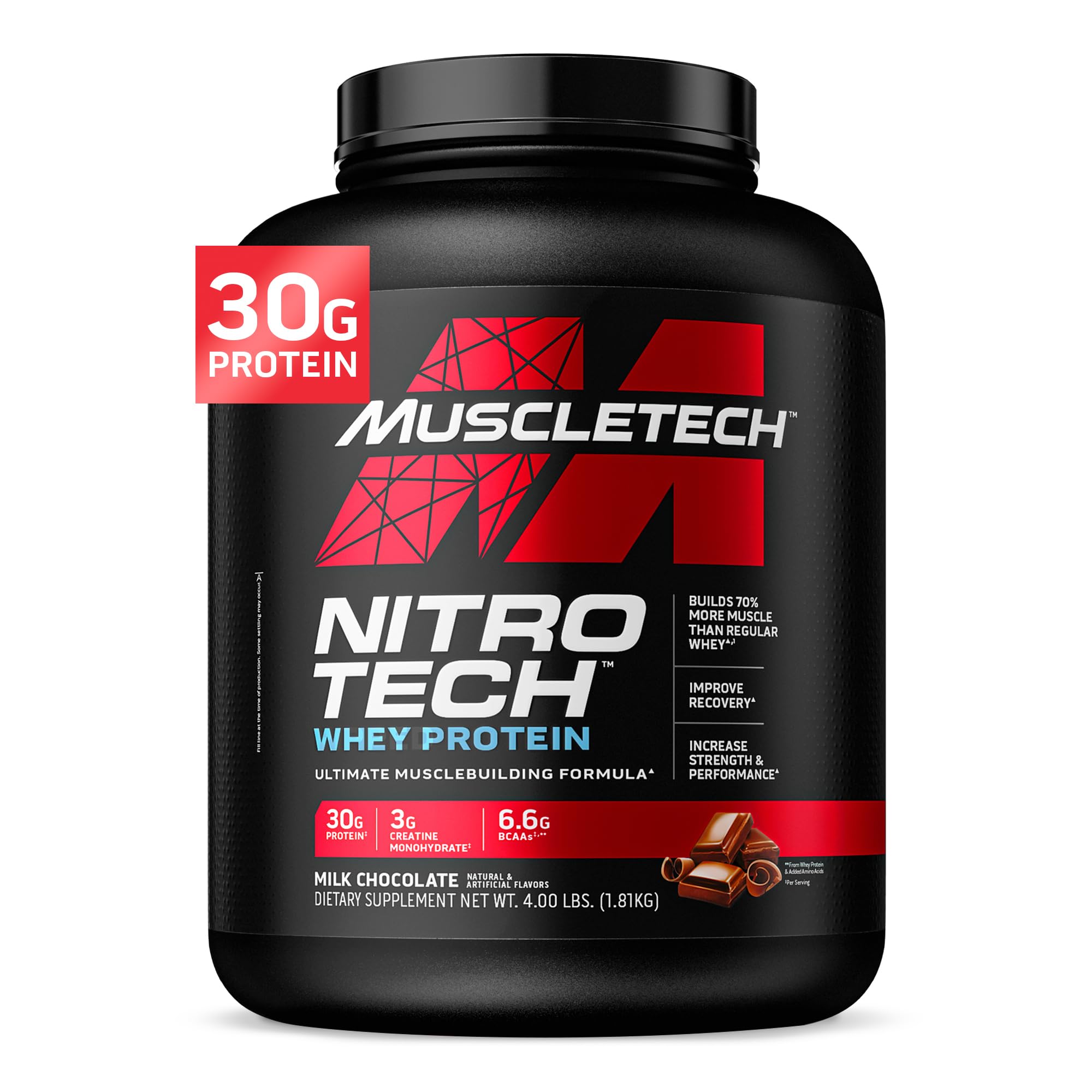 Muscletech Whey Protein Powder (Milk Chocolate, 4 Pound) - Nitro-Tech Muscle Building Formula with Whey Protein Isolate & Peptides - 30g of Protein, 3g of Creatine & 6.6g of BCAA