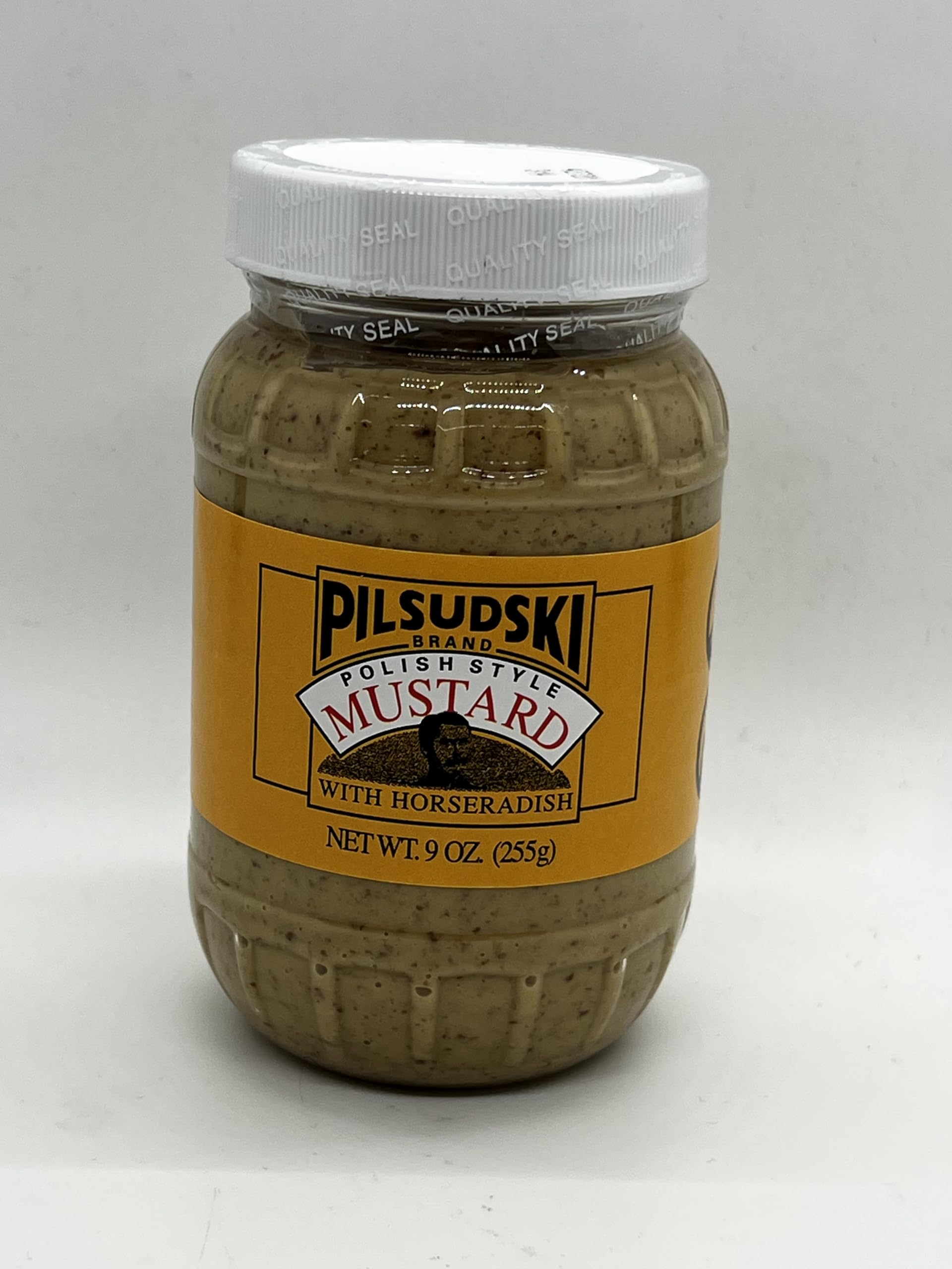 Pilsudski Polish Style Mustard with Horseradish -Plastic jar The fresh ground hot horseradish and premium mustard seed combine to offer a great, balanced flavor and a refreshing amount of heat known as the Pilsudski Punch (9 ounce)