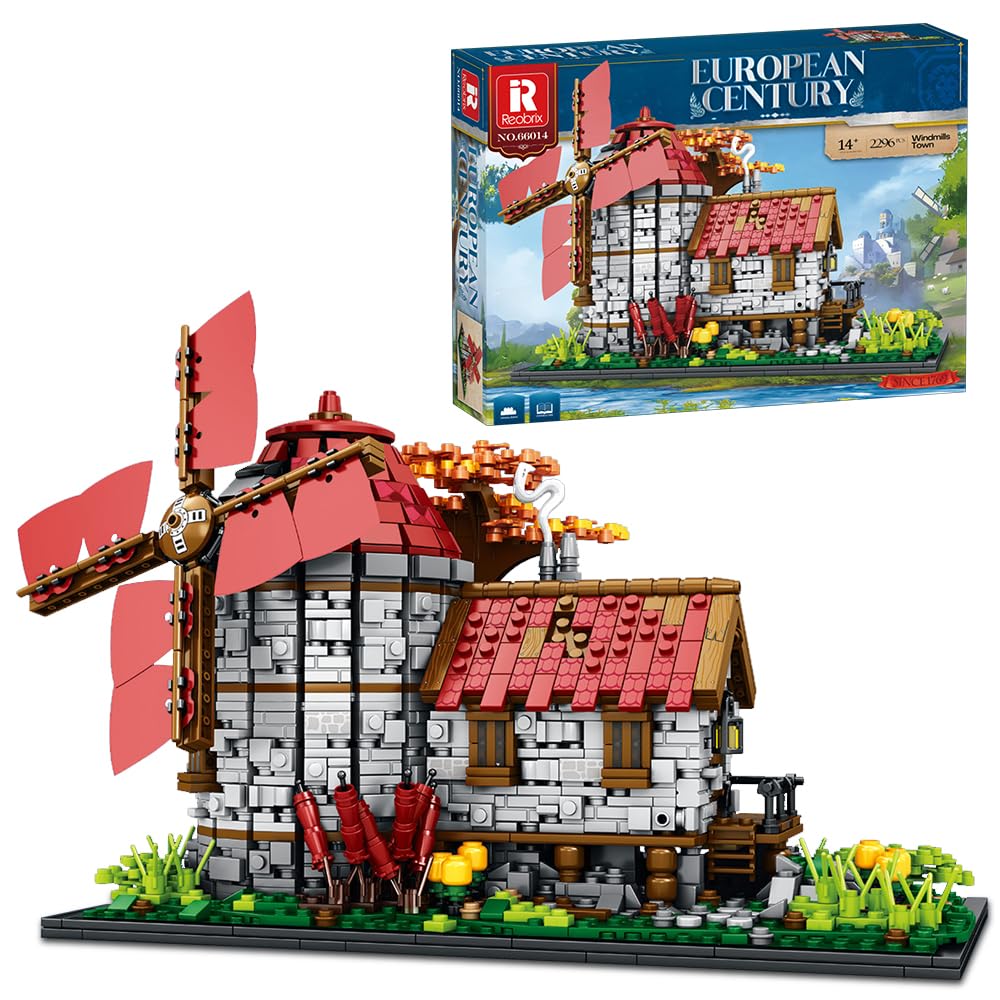 MISINI 66014 Technik Medieval Windmill Building Block Set, MOC Modular Buildings，Windmill Street View Building Sets for Adults 2296 PCS, Gift for Adults