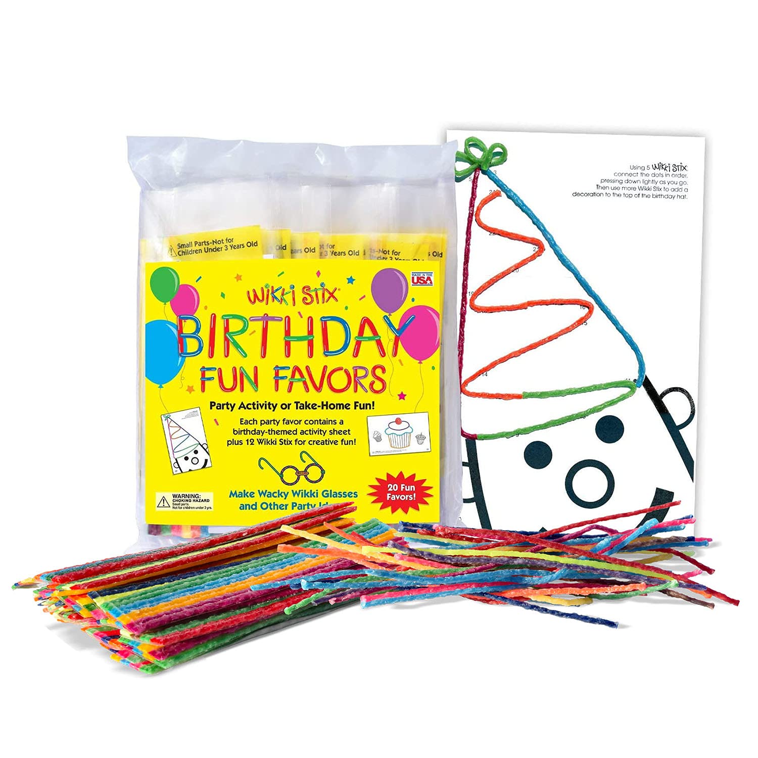 WIKKI STIXBirthday Fun Favors, pack of 20 individual fun favors, each with 12 and a birthday themed play sheet, Made in the USA