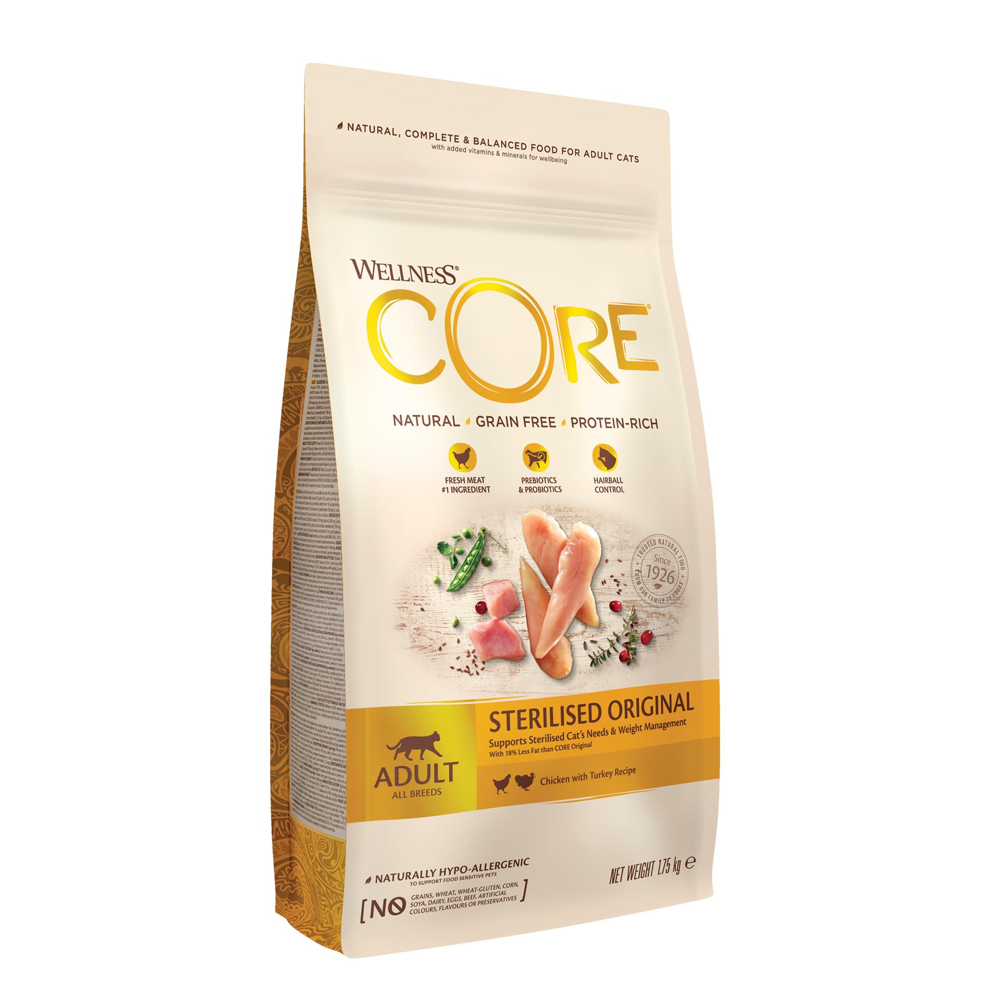 Wellness CORESterilised Original, 1.75kg, Chicken & Turkey, Dry Cat Food for Sterilised / Indoor Cats, Grain-Free, High Meat Content, Protein-Rich, Supports Healthy Weight Management