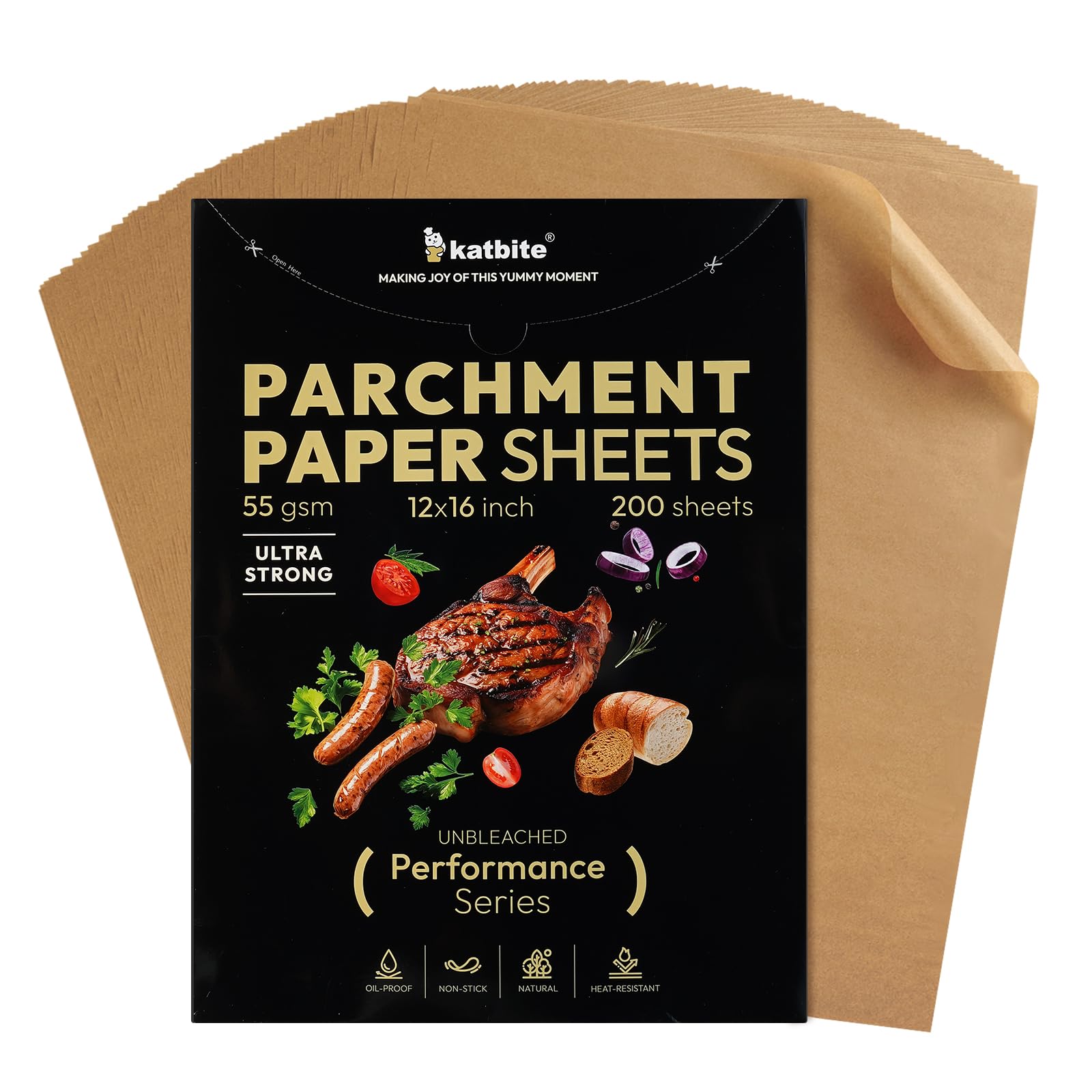 katbite200 Pcs Parchment Paper Sheets Performance Series, 12x16IN Ultra-strong Unbleached Baking Paper Non-Stick for Professional Baking, Pre-cut Parchment Paper Suitable for Baking,Cooking,Air Fryer