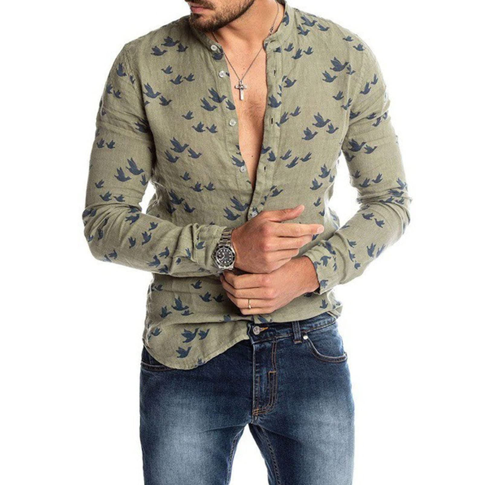 CrownsneyMen's Printed Casual Shirt Long Sleeve Button Down Male Beach Tops Summer Hawaiian Shirt Regular Fit Summer Blouses