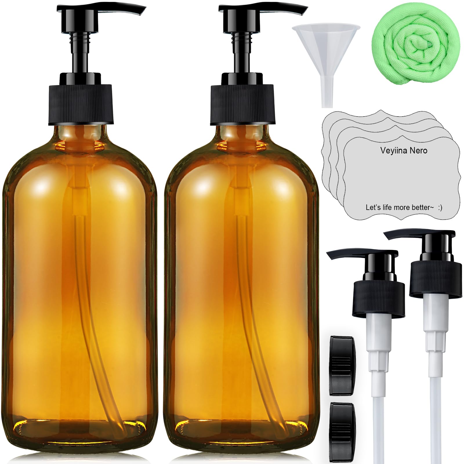 Amber Glass Soap Dispenser 16 Oz - Empty Bottles Set with Black Pumps & Lids & Lables for Refillable Shampoo Conditioner Bathroom Shower Wash Hand Body Lotion Soap Dish Kitchen Container Brown