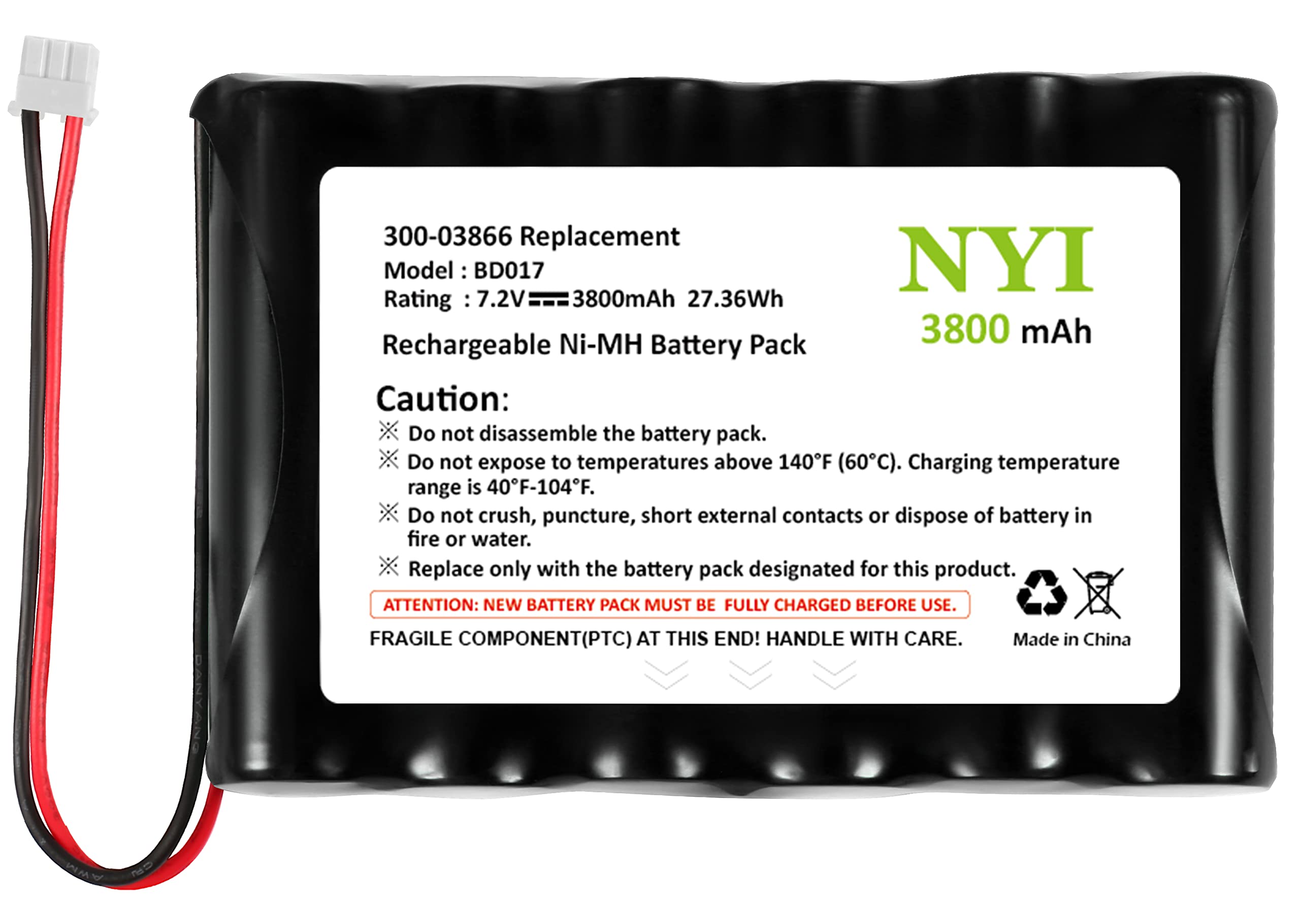 NYI Upgraded 3800mAh 300-03866 Battery for Honeywell Alarm Lynx 5100, 5200, 5210, Lynx Touch 7000, Lyric Controller, Lyric Keypad LCP500-L,7.2V LYNXRCHKIT-SHA,OSA214,LCP500-4B Battery Replacement