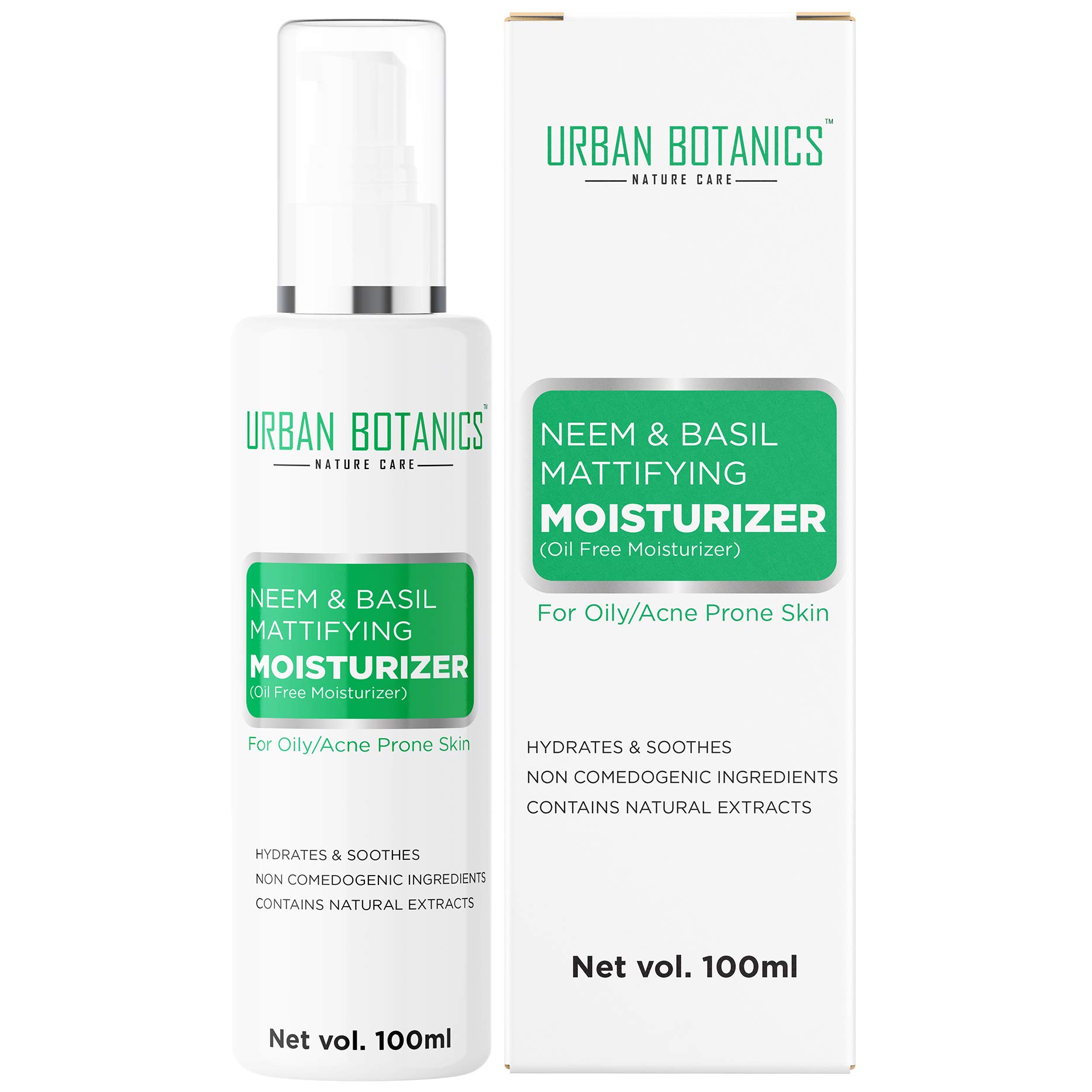 Urbanbotanics® Oil Free Moisturizer For Face - Mattifying Moisturiser Face Cream For Oily/Acne Prone/Normal Skin - With Neem & Basil Extract, Face Moisturizer For Women & Men - 100ml