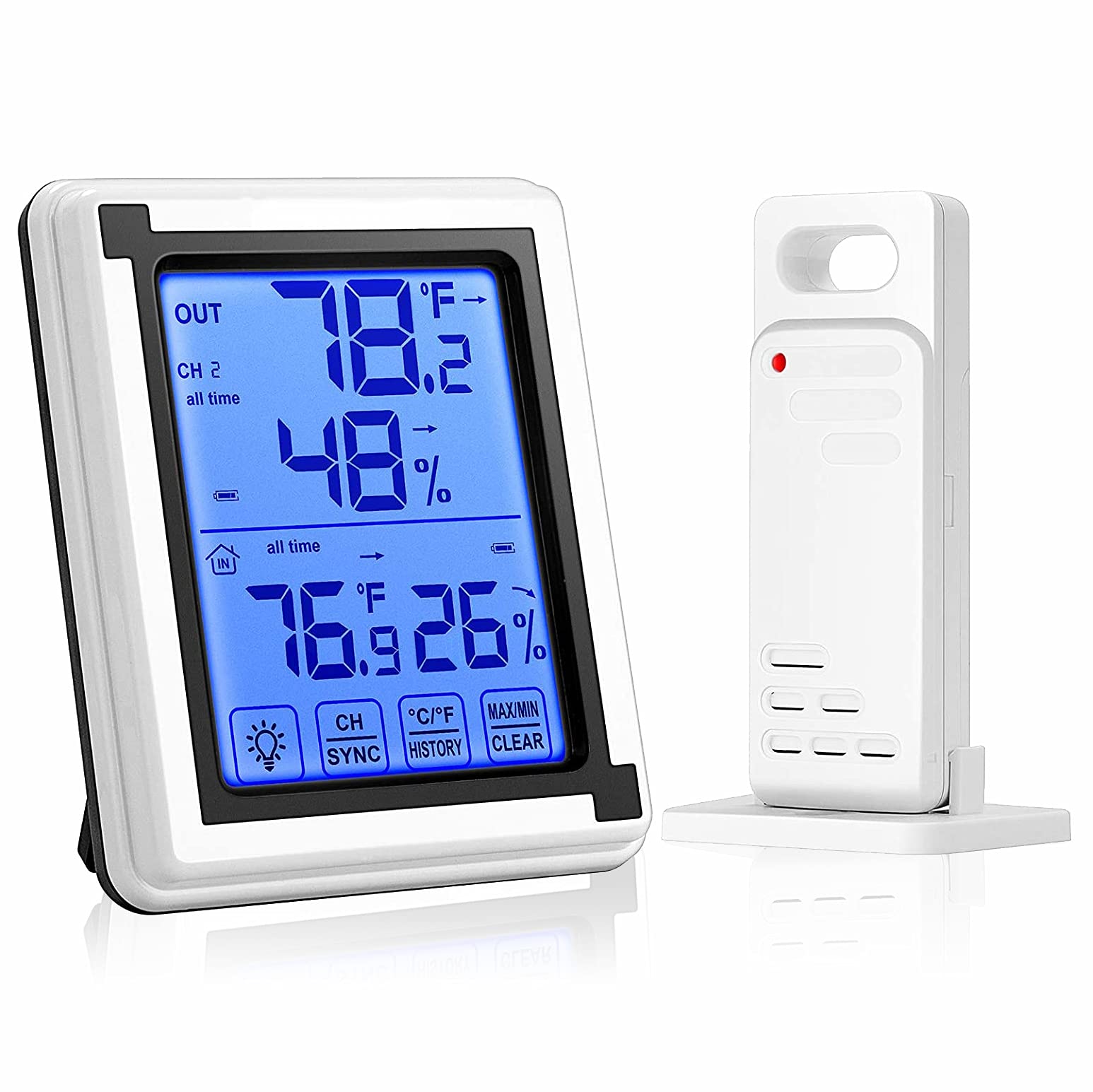 Exrp Digital Hygrometer Indoor Outdoor Thermometer Humidity Monitor with Touchscreen LCD Backlight, Temperature Gauge Meter 200ft/60m Range Wireless Thermometer and Hygrometer, Battery not Included