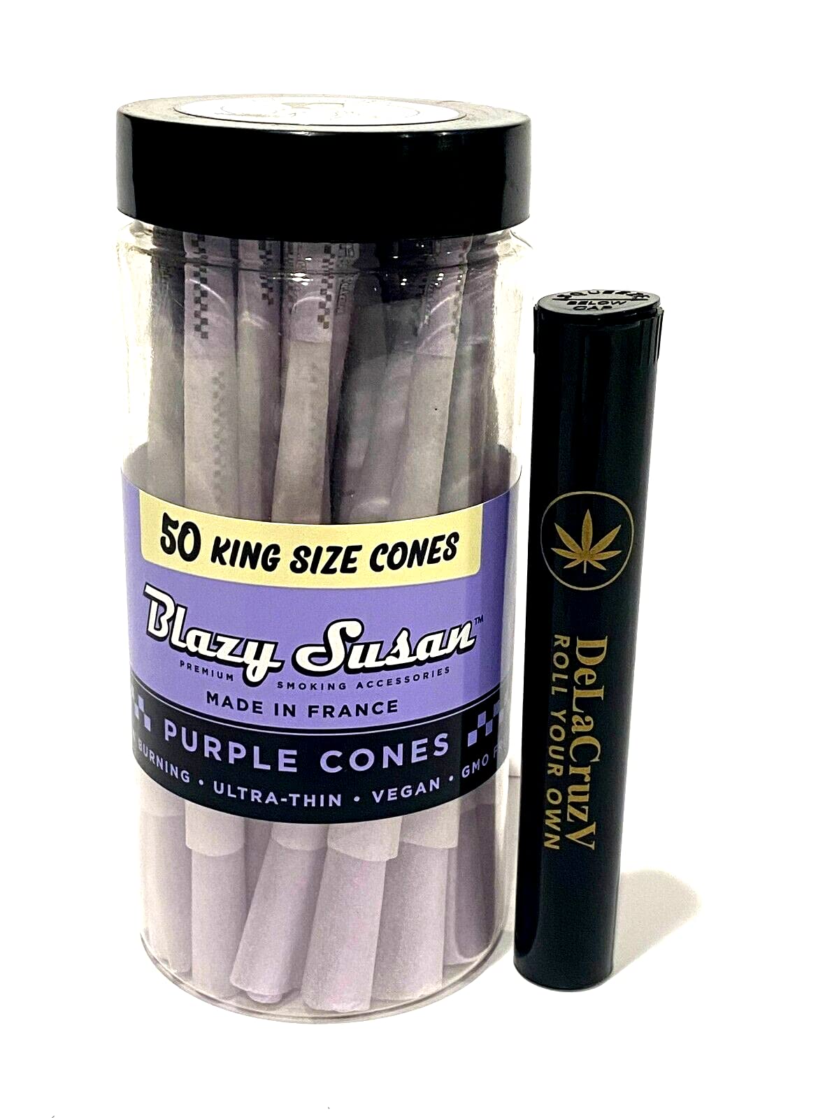 Blazy Susan Pre-Rolled King Size Purple Cones 50 Counts per Jar with DeLaCruzV Tube.