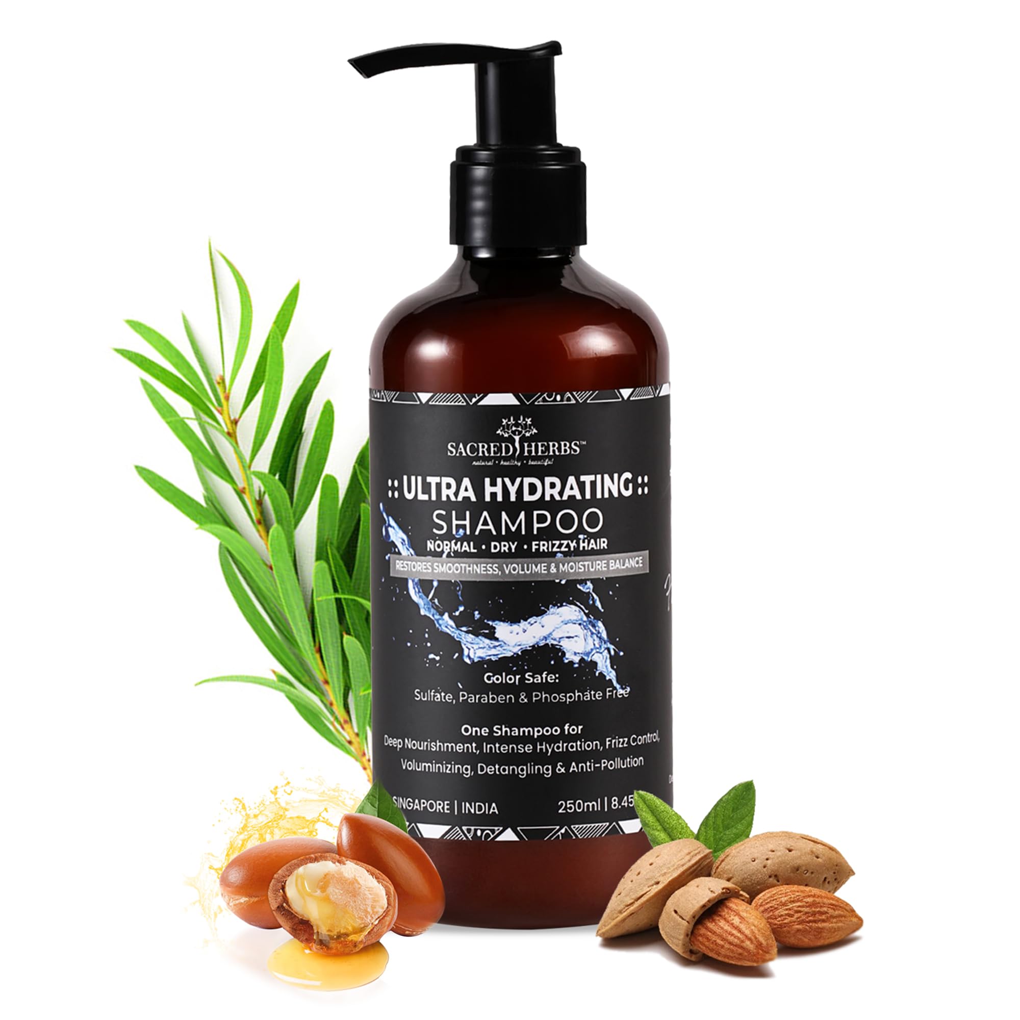 SACRED HERBSUltra Hydrating Shampoo for Dry, Dull, Frizzy & Dehydrated Hair I 82% improved Wet & Dry Combing I 86% more Hydration I Paraben & Sulfate Free - 250ml (Shampoo, 1)