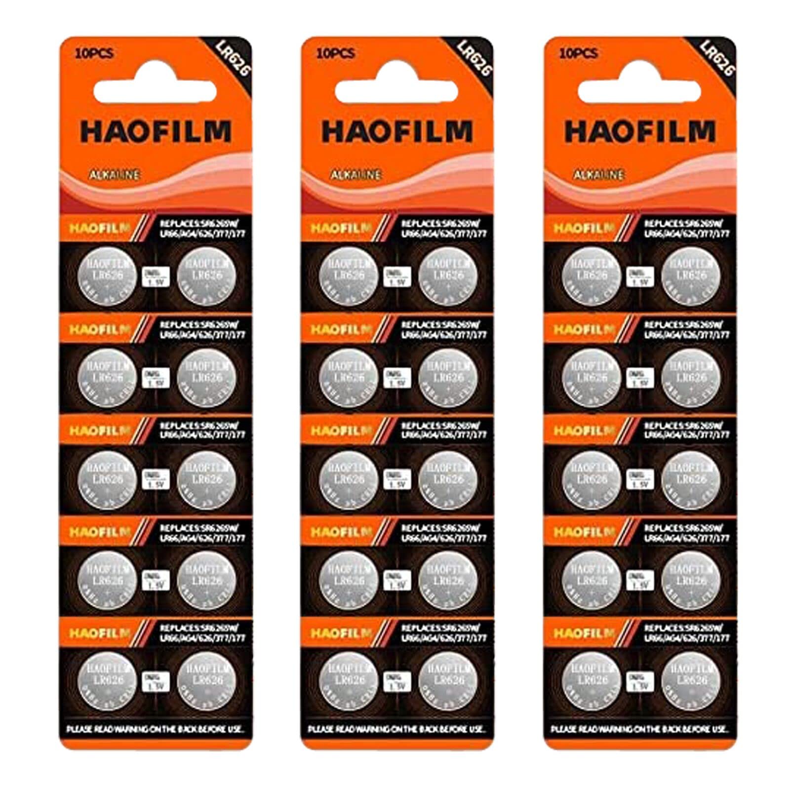 HAOFILM LR626 SR626SW 377 376 LR626 AG4 Premium Alkaline Battery,1.5V Round Button Coin Cell Batteries (30 Pack)