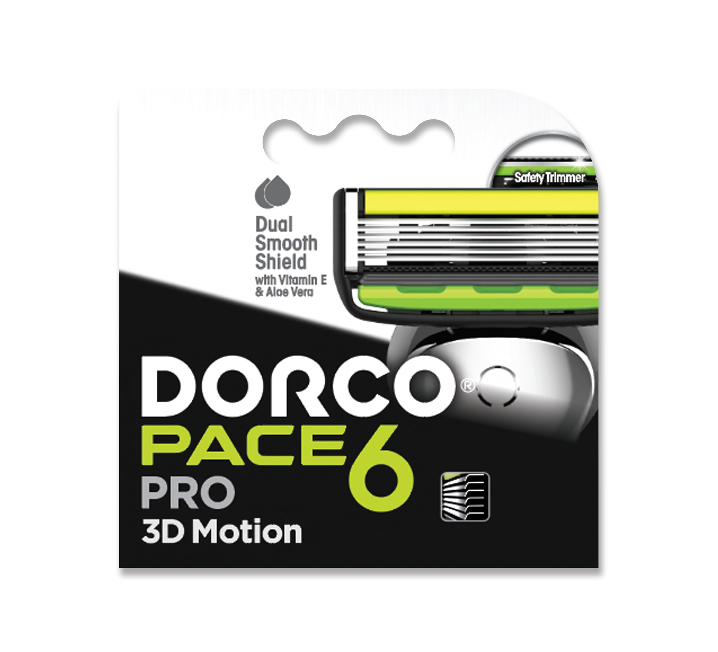 Dorco Pace 6 Pro 3D Motion Men's Blade Refill, 4 Count, Dual Smooth Shield with Vitamin E, Aloe Vera & Argan Oil, Easy-Rinsing, Safety Trimmer and Slim Cartridge, SleekFlow Guard Bar