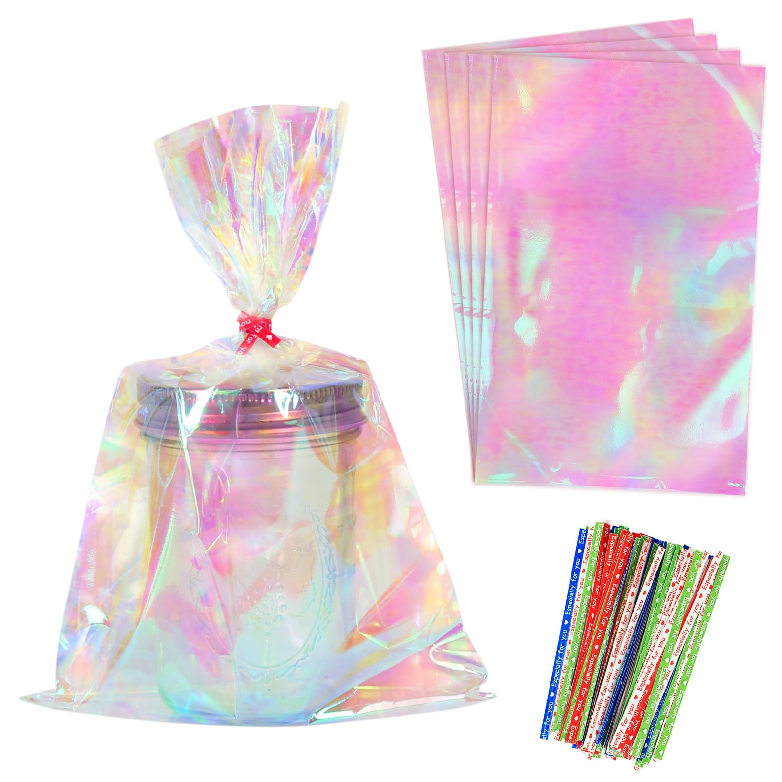 HRX Package 120pcs 6x9 Inches Iridescent Cellophane Bags with Ties, Clear Cellophane Sweet Bags for Candy, Treats, Cookies Party Gift Favors