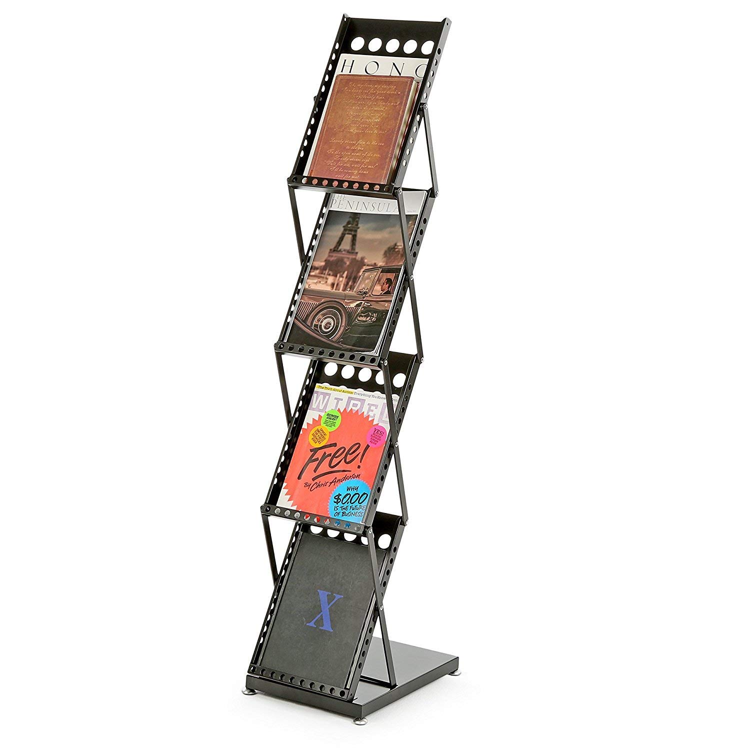 ABHA PRINT Foldable Magazine Rack Brochure Stand Catalog Literature Rack Portable 4 Pockets With Carrying Bag For Trade Show Exhibitions Office Retail Store(Cast Iron)