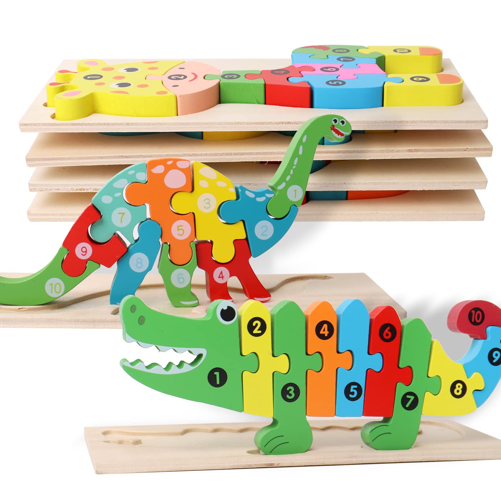 SHIERDUWooden Puzzles for Kids, Toddler Number Puzzle, Old Wooden Dinosaur Puzzles and Animal Jigsaw Toys for Boy Girl Ideal Gift, 2-6 Years, Pack of 6, 2-1