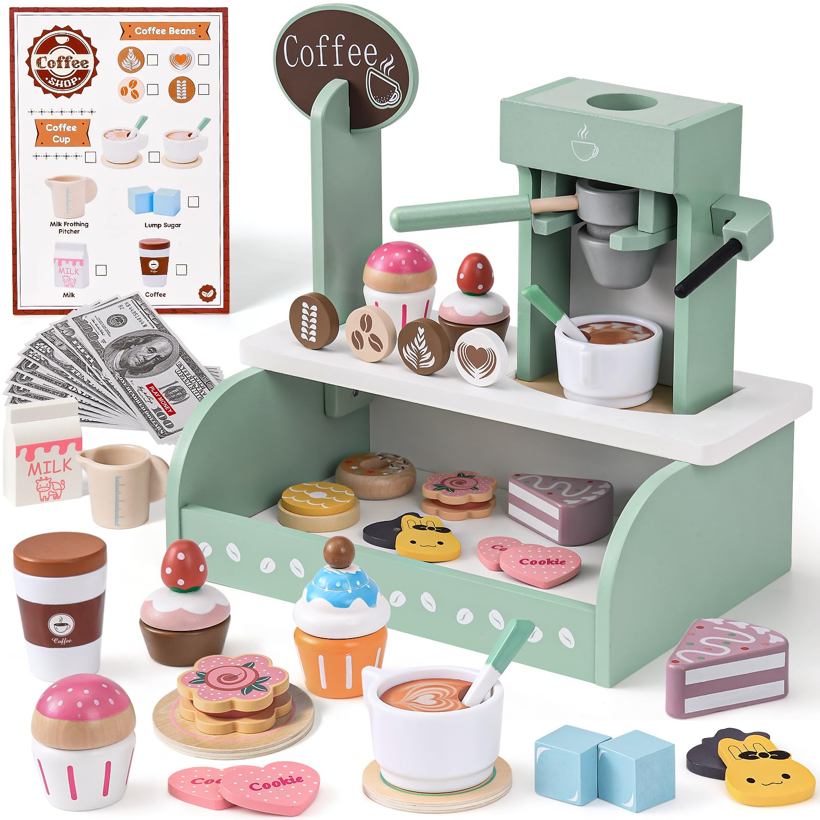 Toyssa Wooden Coffee Maker Playset for Kids 3 4 5, Pretend Play Food Toys for Toddlers with Dessert & Menu, Wooden Toys Play Kitchen Accessories Christmas Birthday Gift for Kids Girls Boys 3 4 5 6