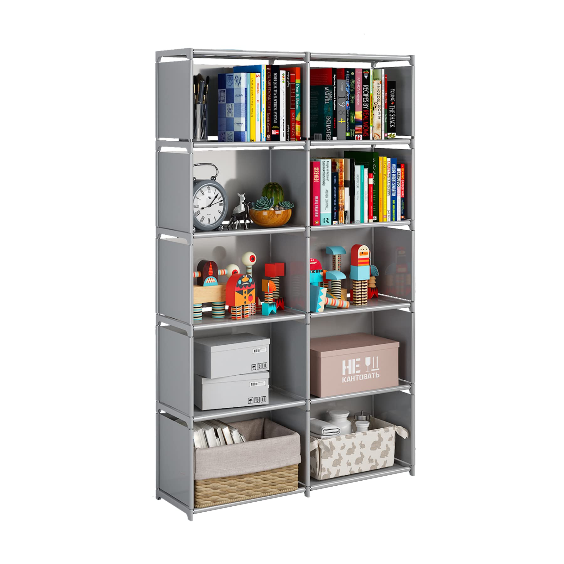 JIUYOTREE 6-Tiers Portable Bookshelf with Fabric Cloth at Back, 10 Cube Closet Storage Organizer Bookcase, Living Room,Study Room,Bedroom, Grey