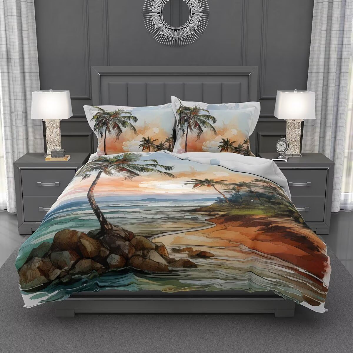 3D Printed Duvet Cover Twin Size Island Coconut Trees Twin Duvet Cover Set for Kids Adults Exotic Beach Sundown Hawaii Bedding Set Bedroom Decor 3 Pcs Comforter Cover with 2 Pillowcases