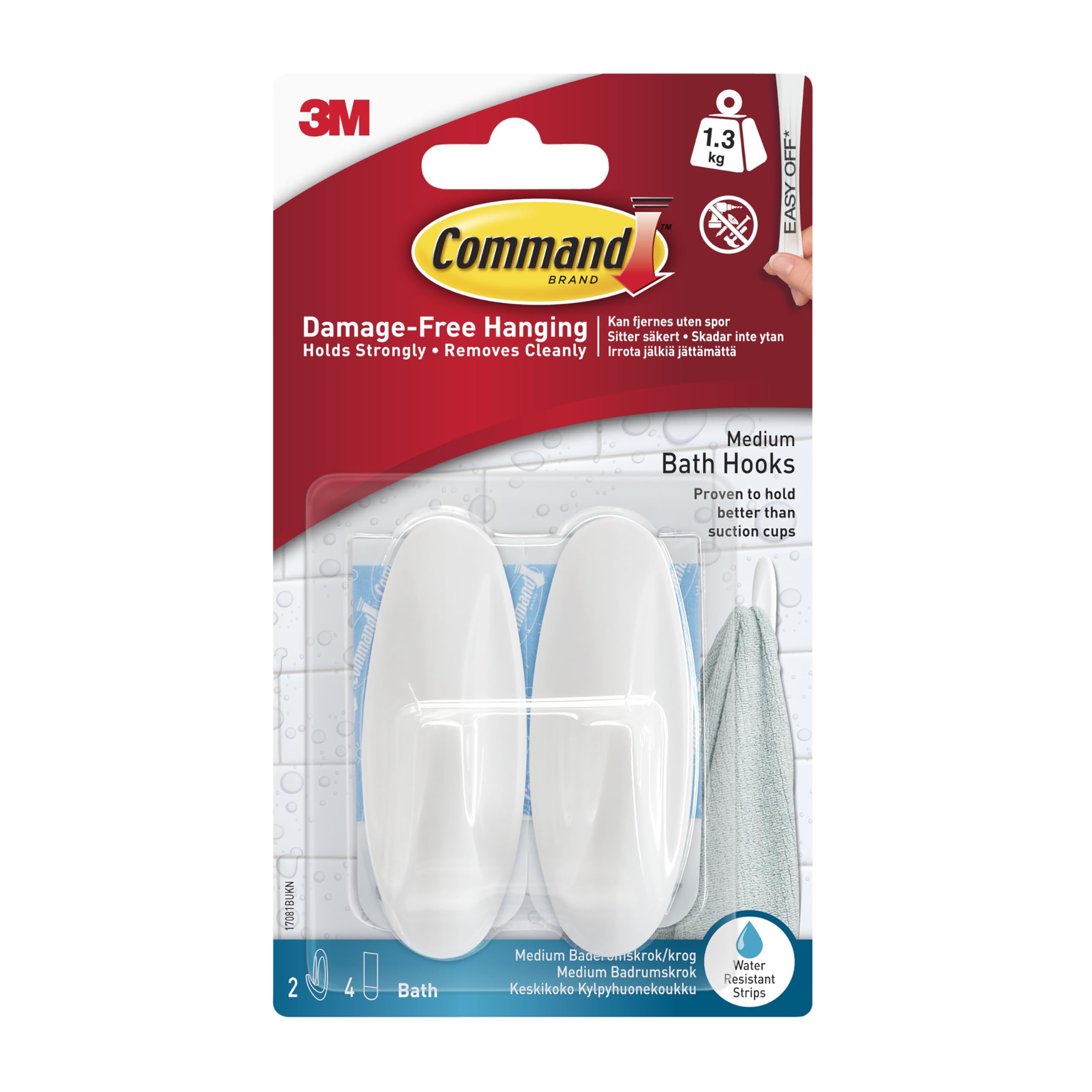 CommandBath Designer Hooks, White, Water Resistant - 2 Medium Hooks and 4 Adhesive strips - Hang Towels, Robes and other Bathroom Accessories - Ideal to avoid Drilling through Tiles