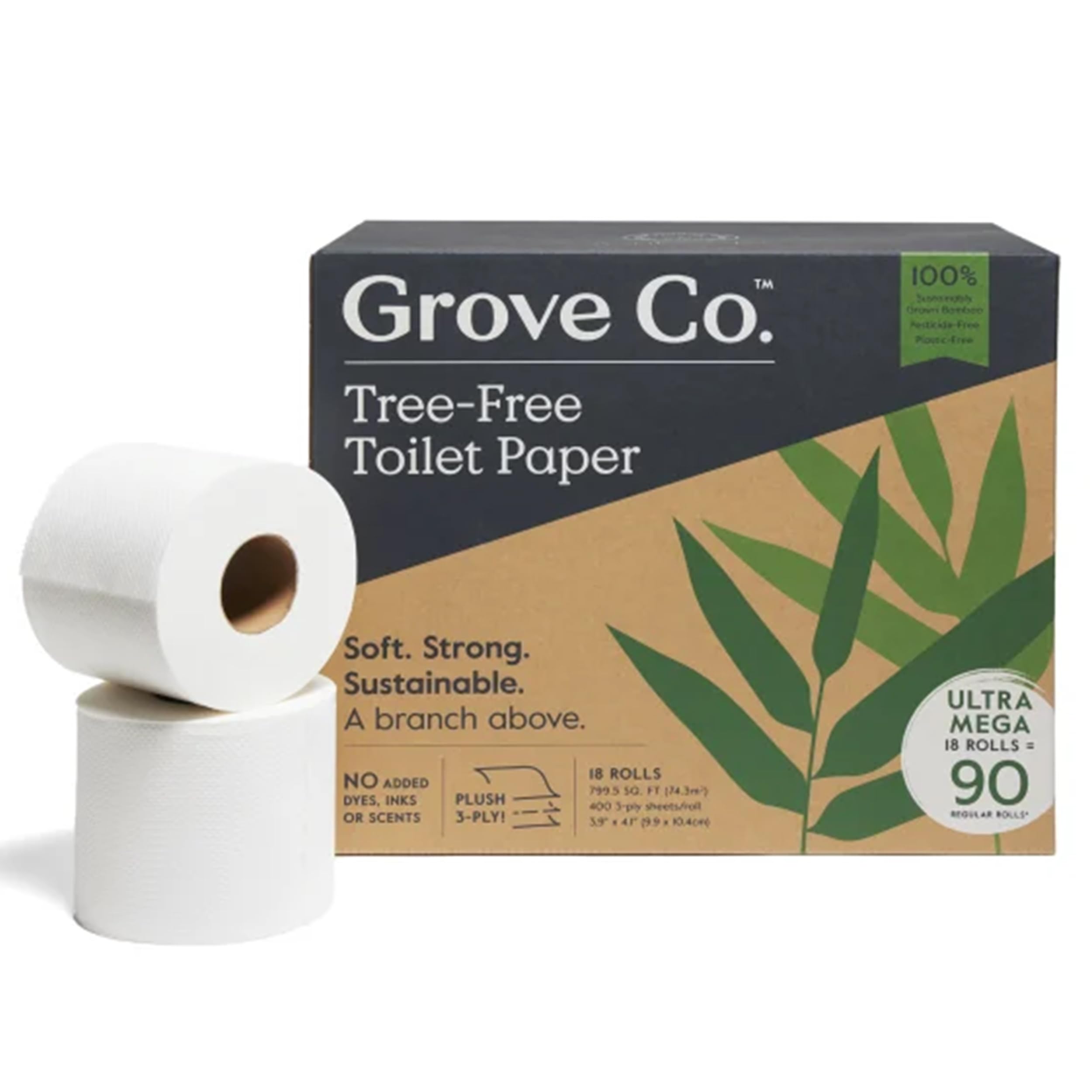 Grove Co. Bamboo Toilet Paper Tree Free & Septic Safe Bath Tissue, Ultra Soft, Durable, & Absorbent 3 Ply Sheets (1 Roll = 44.4 sq ft) Bulk Toilet Paper (Pack of 18 Rolls)