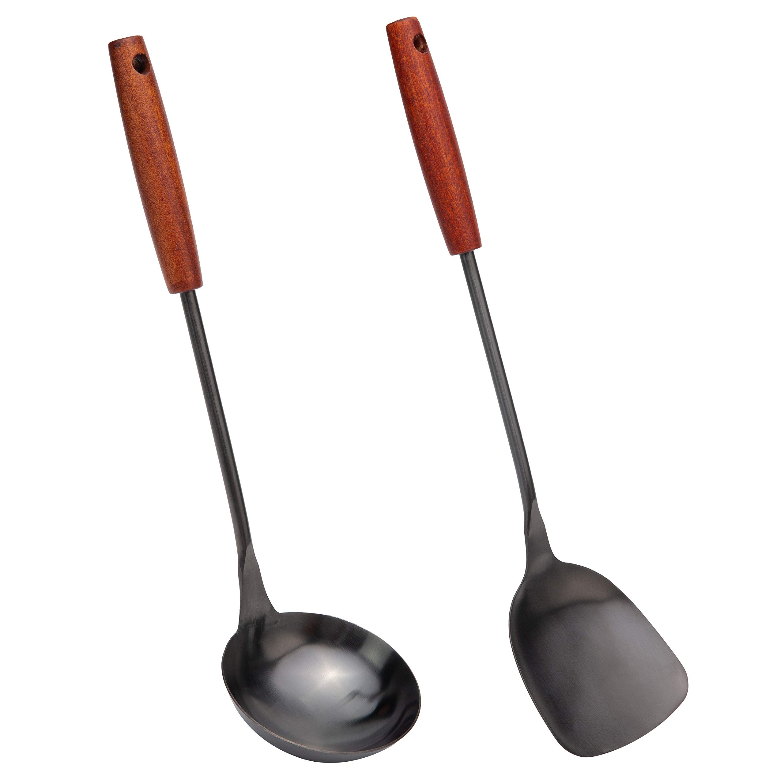 FJNATINH Wok spatula and ladle,Skimmer Ladle Tool Set, 15inches Spatula for Wok, 304 Stainless Steel Wok Spatula,Black (Black-2 Pieces Set)