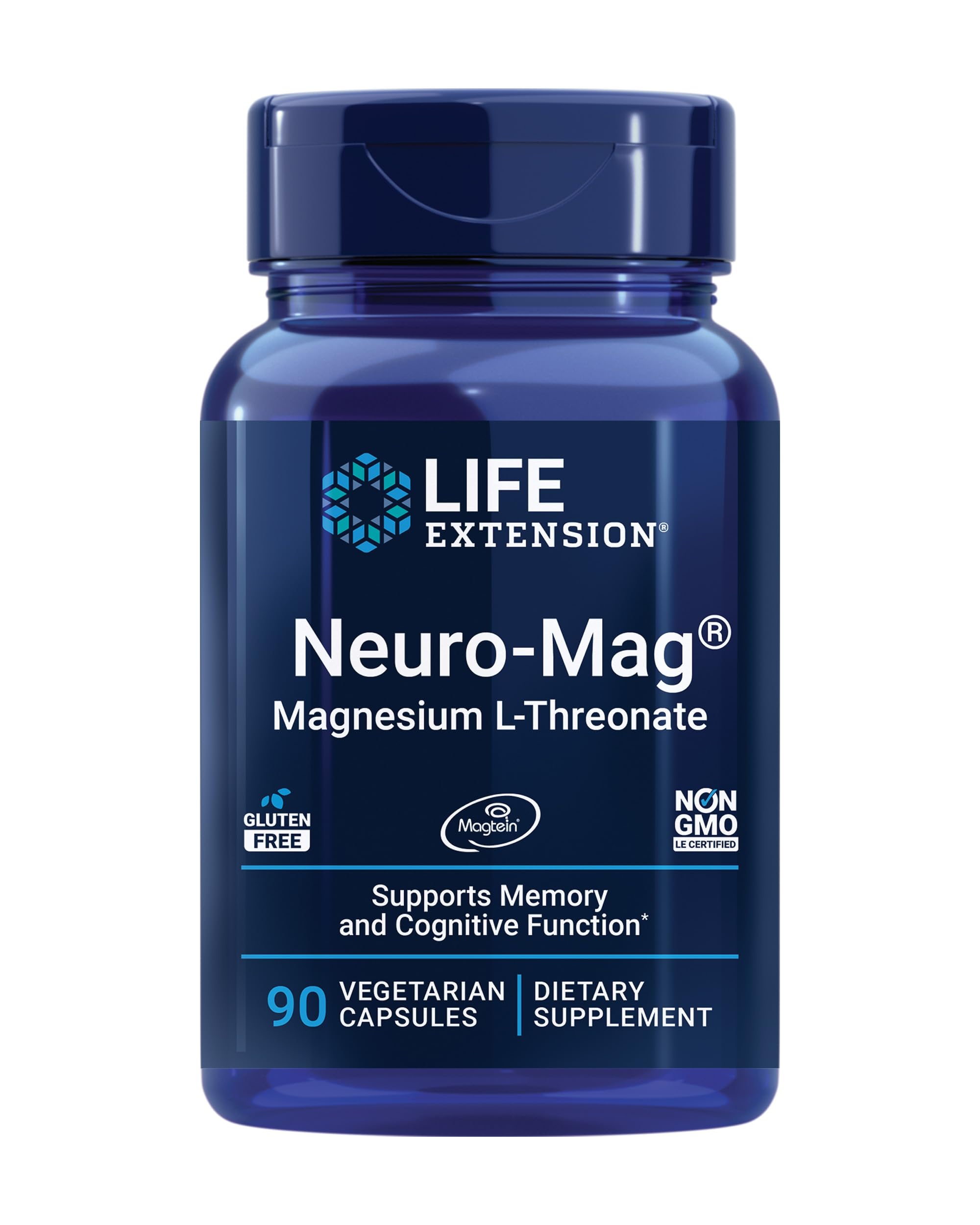 Life ExtensionNeuro-mag Magnesium L-threonate, Magtein, Magnesium Supplement, Brain Health, Memory & Attention, Gluten Free, Vegetarian, Non-GMO, 90 Vegetarian Capsules