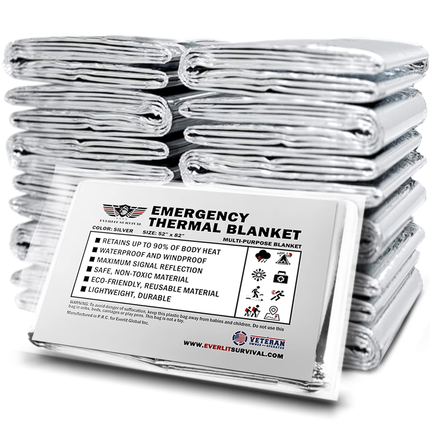 EVERLITSurvival Emergency Mylar Thermal Blanket, Foil Space Blanket Designed for NASA, Body Warmer Blanket for Outdoor, First Aid, Camping Gear, Hiking Travel (Silver, 12 Pack)