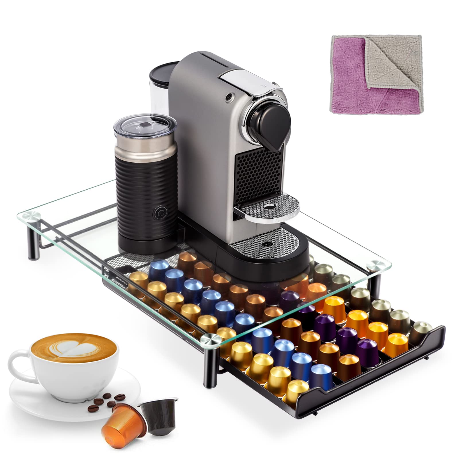 Masthome Coffee Pods Storage, 60 Capsule Coffee Pod Drawer with Tempered Glass Top, Coffee Machine Stand with Anti-Slip Feet for Kitchen Office, Send 1 Cleaning Cloth (Metal/Black)