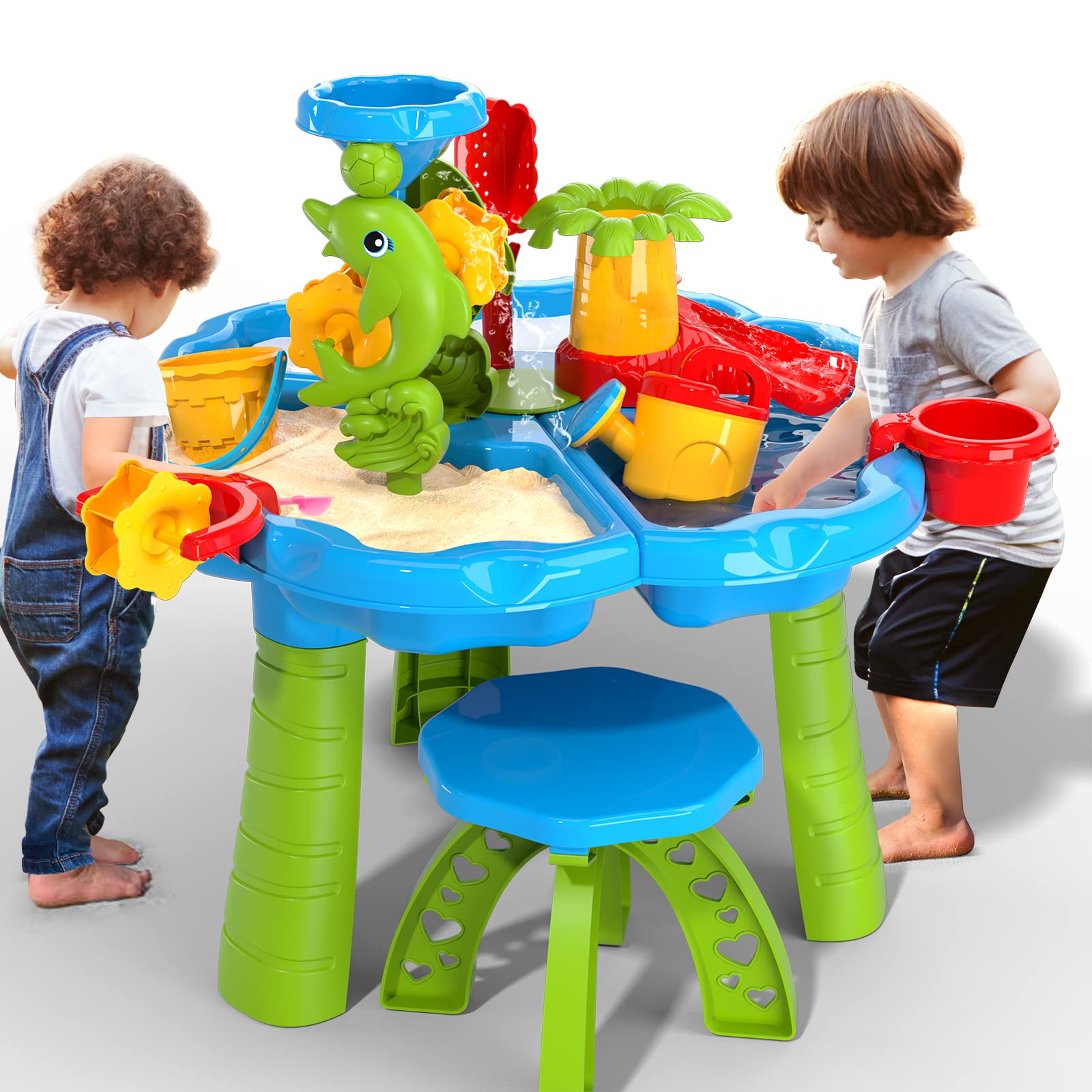 TEMI 3-in-1 Sand Water Table, 28PCS Kids Beach Summer Toys Sandbox Table Outdoor Activity Sensory Play Table with Dolphin Water Wheel, Molds, Bucket, Shovel for Toddlers Boys Girls