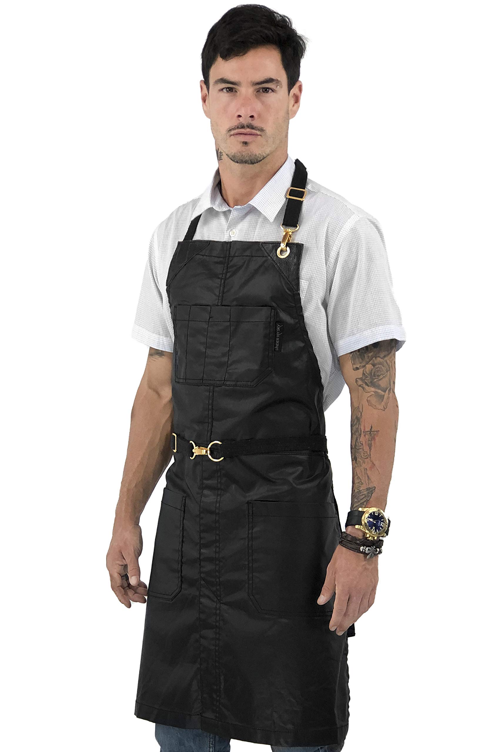 Under NY Sky No-Tie Apron - Coated Twill, Leather Reinforcement, Split-Leg, Adjustable for Men and Women - Pro Barber, Tattoo, Barista, Bartender, Hair Stylist, Server Aprons