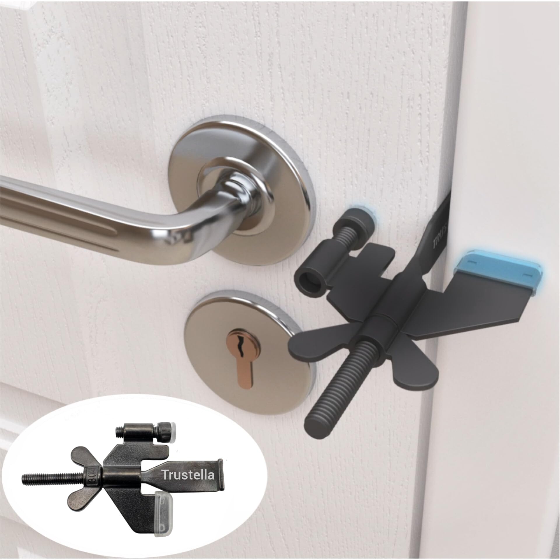 Trustella Original Heavy-Duty Portable Door Lock - Premium Stainless Steel for Enhanced Safety - Ideal for Travel, Home, Hotels, Apartments - Adjustable, Easy Install with Silicone Protector Caps