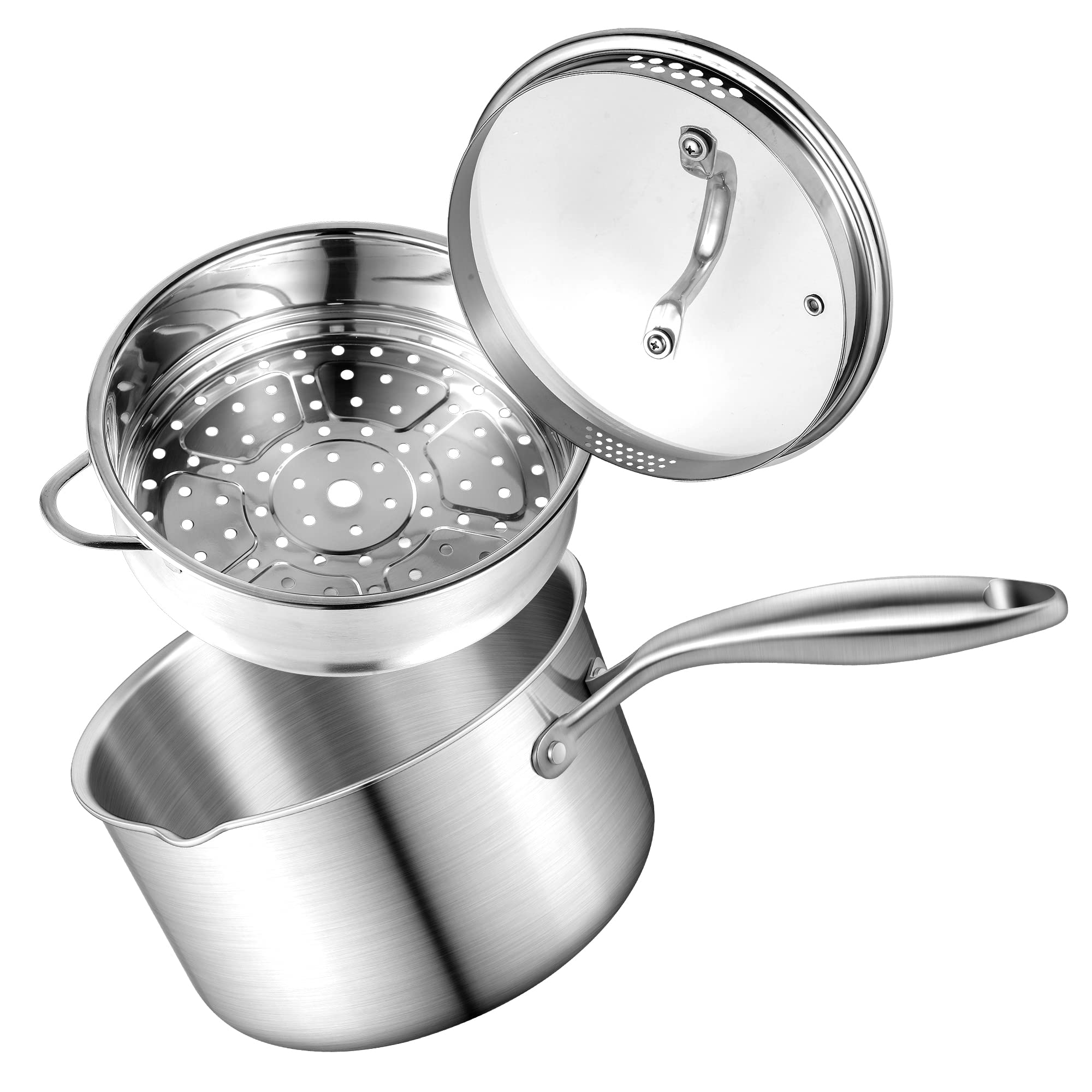 2.5 Quart Stainless Steel Saucepan with Steamer Basket, Tri-ply Full Body, Multipurpose Sauce Pot with Two-Size Drainage Holes Lid, Perfect For Boiling Gravies, Pasta, Noodles