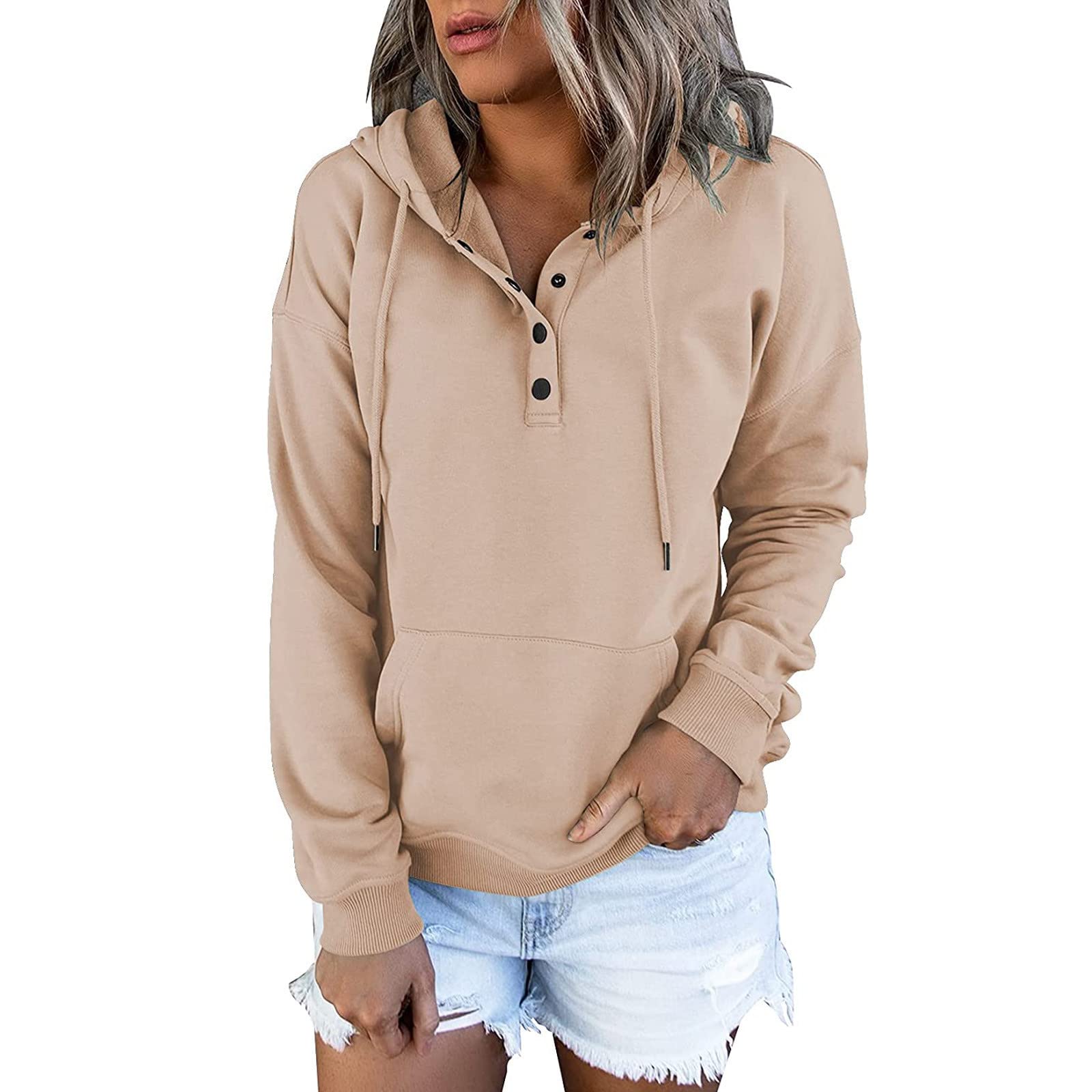 PMDKLSPQ Women's long down jacket with pockets, hooded sweatshirts, sweaters, sleeves, V-button, drawstring, hoodies, women's sweaters and sweatshirts, TRAI