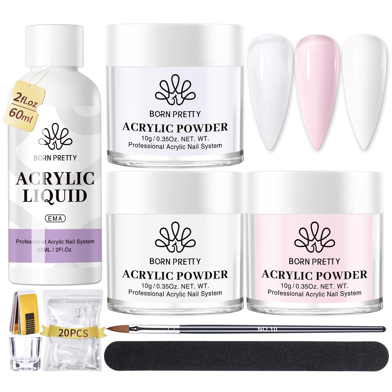 BORN PRETTY Acrylic Nail Kit Acrylic Powder And Liquid Set Clear White Pink Acrylic Powder Starter Kit with Nail Forms for Acrylic Nails Extension Beginner set