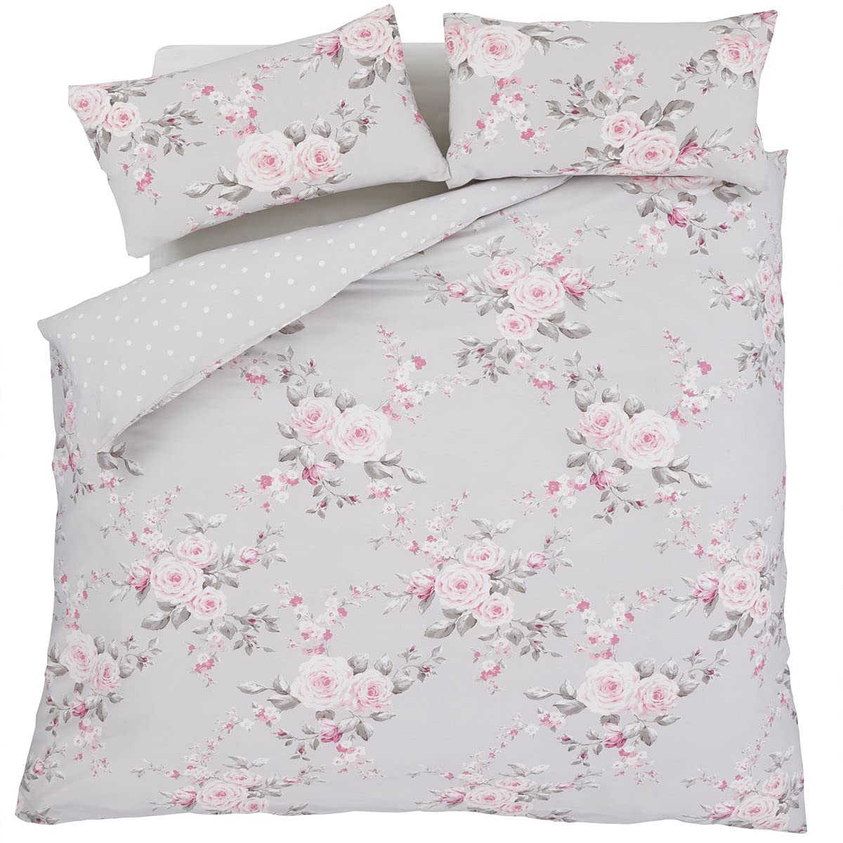 Catherine Lansfield Canterbury Floral Reversible King Duvet Cover Set with Pillowcases Grey