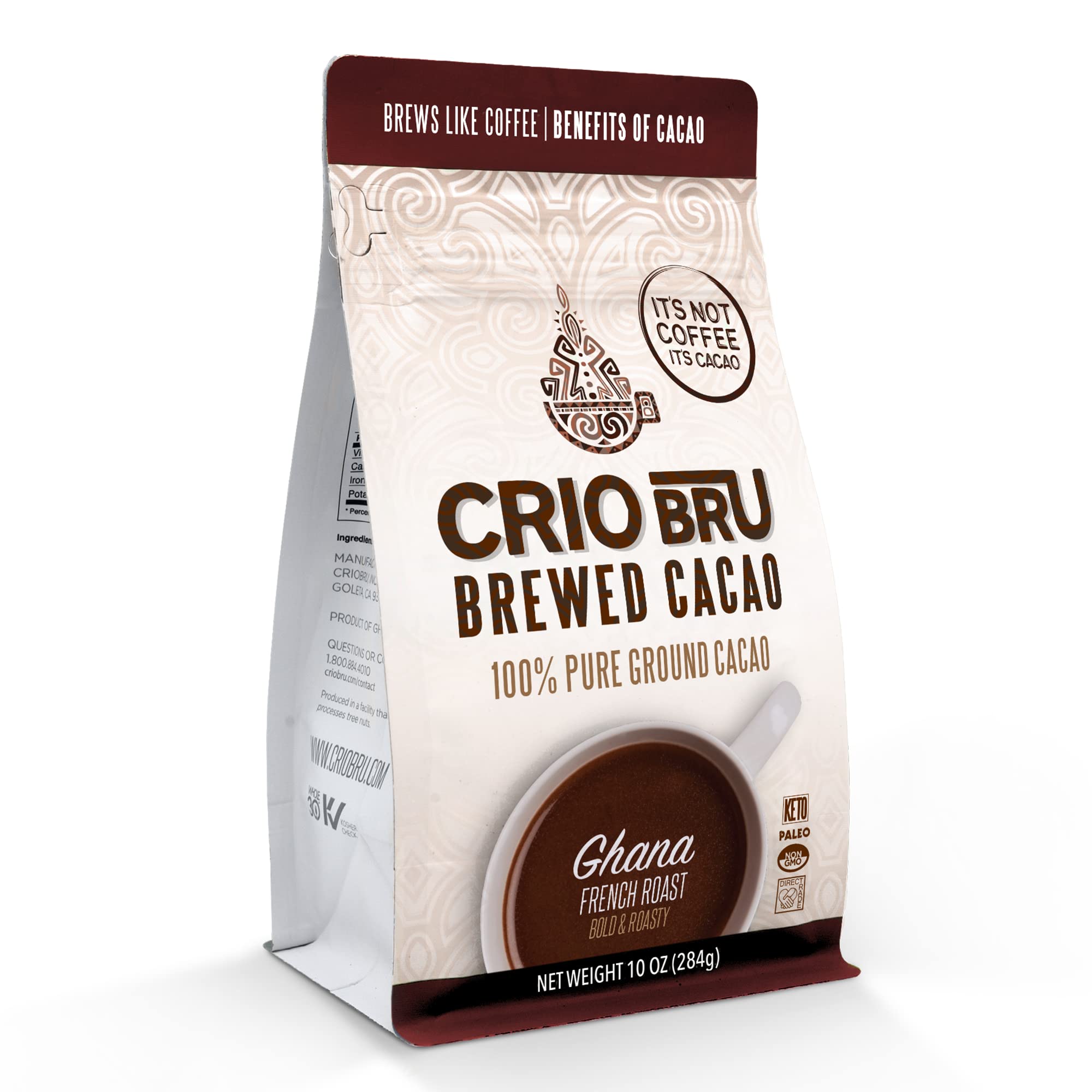 Crio Bru Ghana French Roast 10 oz Bag | Natural Healthy Brewed Cacao Drink | Great Substitute to Herbal Tea and Coffee | 99% Caffeine Free Gluten Free Low Calorie Honest Energy Brew And Enjoy Hot or Iced