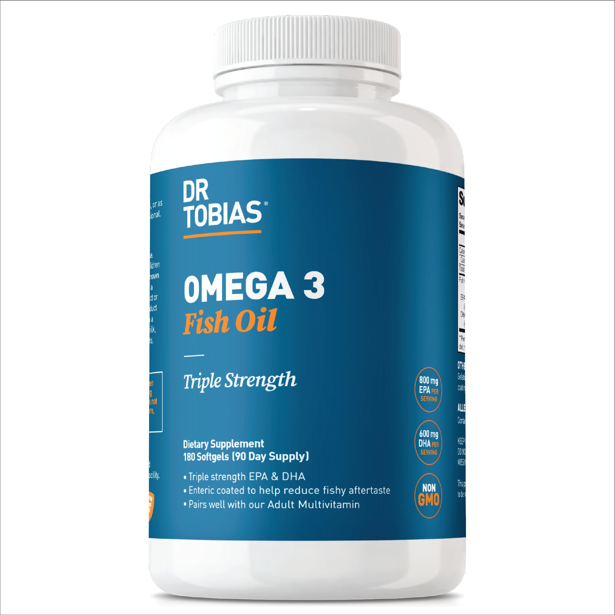 Dr. Tobias Omega 3 Fish Oil, 2000mg Triple Strength Omega 3 Supplement with 800mg EPA 600mg DHA Per Serving, Fish Oil Omega 3 Supplements for Heart, Brain & Immune Support, 180 Softgels, 90 Servings